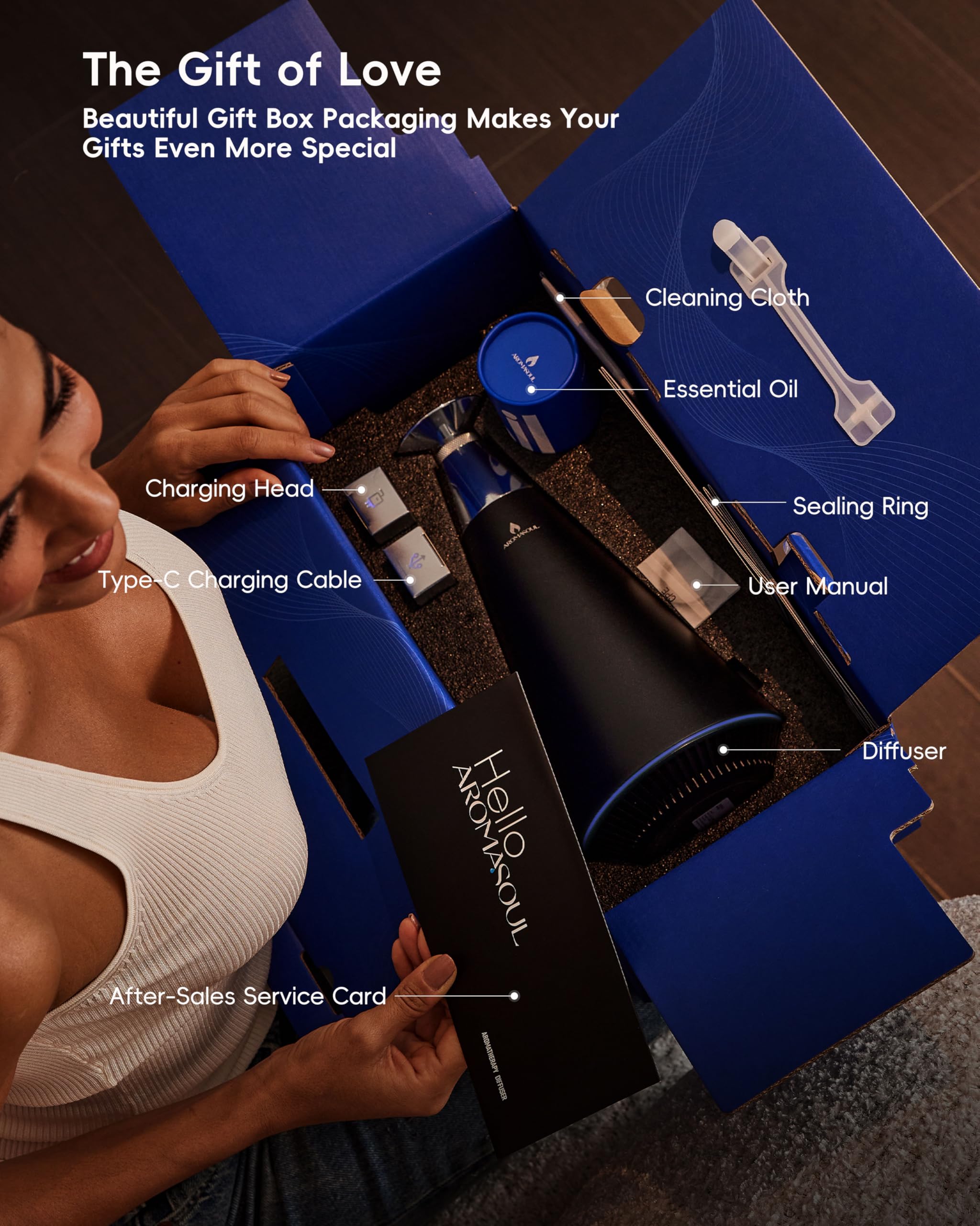 Kit démarrage AROMASOUL avec diffuseur, huile et accessoires inclus.