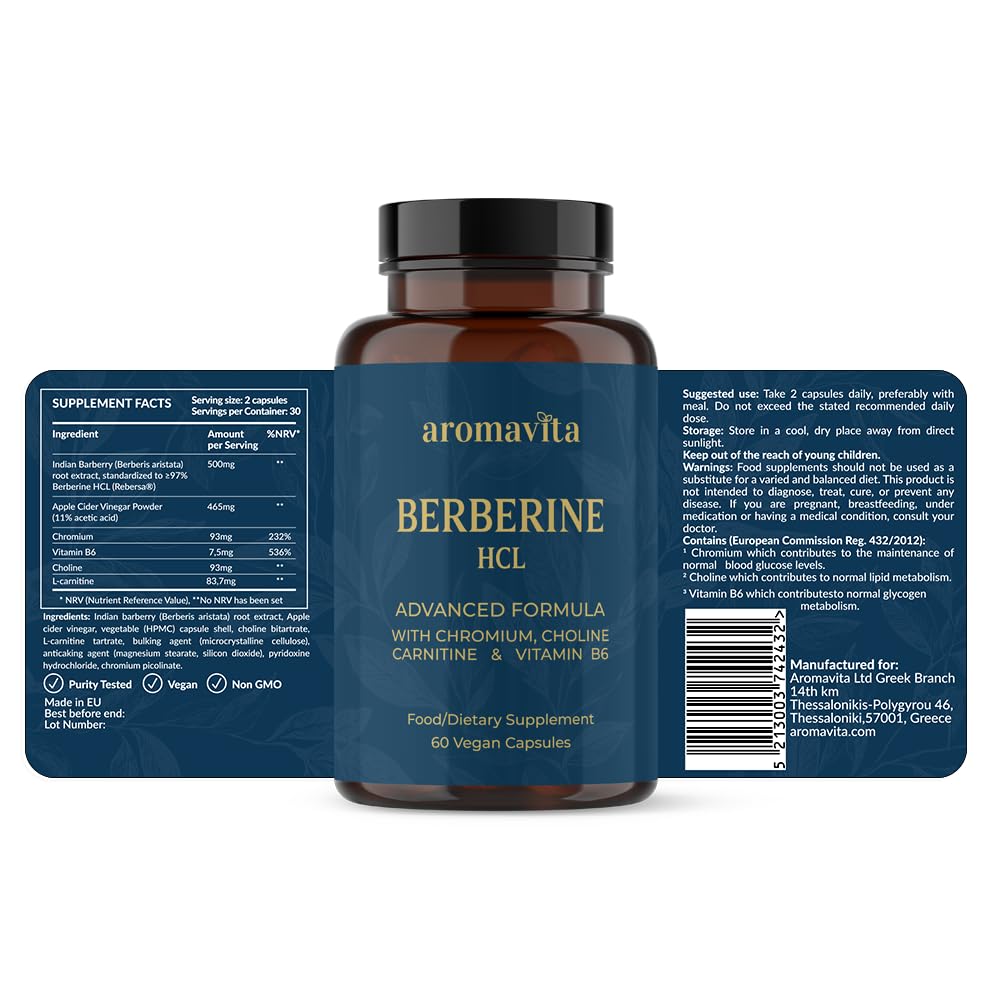 AROMAVITA Berberine HCL Rebersa – capsule et mouvement d’énergie suggéré pour l’usage.