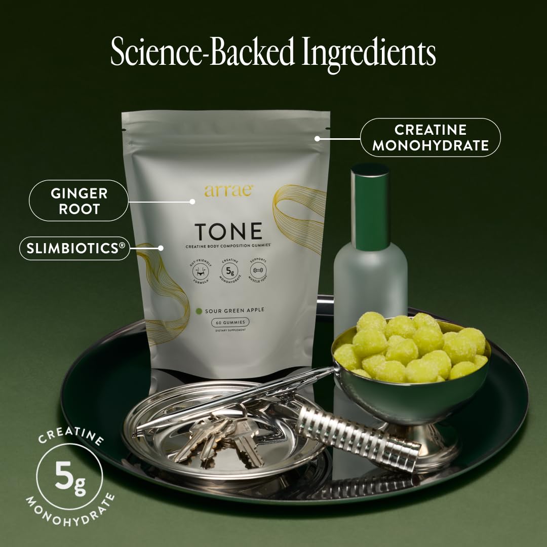 Goût pomme verte acidulée, Arrae Tone Gummies, parfait pour votre rituel quotidien.