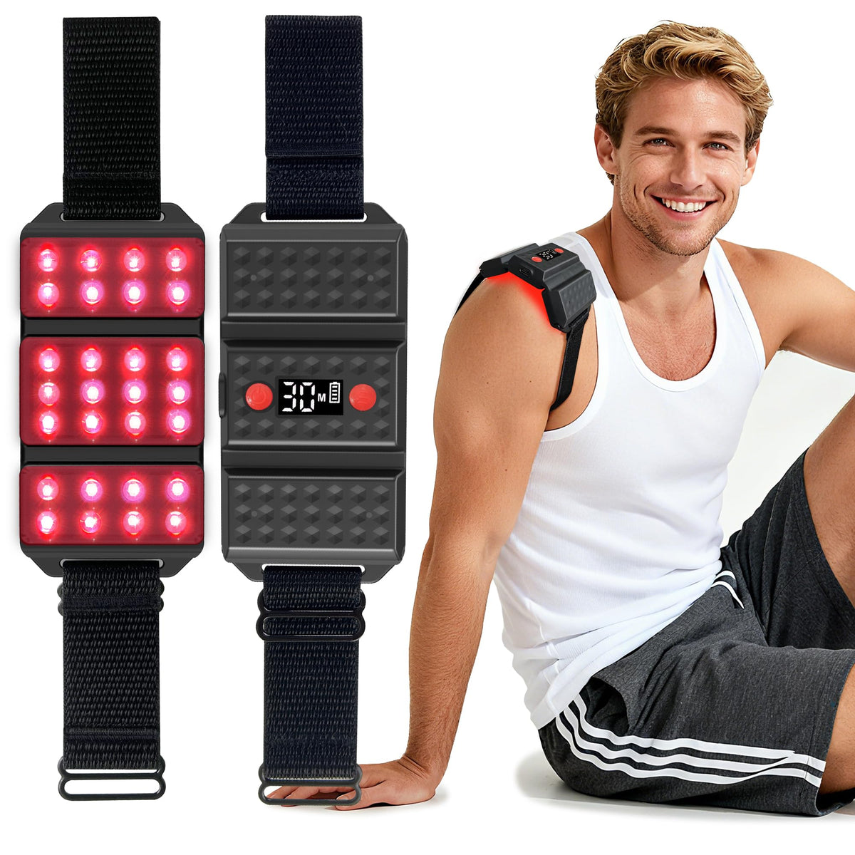 Arsoma, ceinture-lumière rouge-portable pour récupération musculaire à domicile.