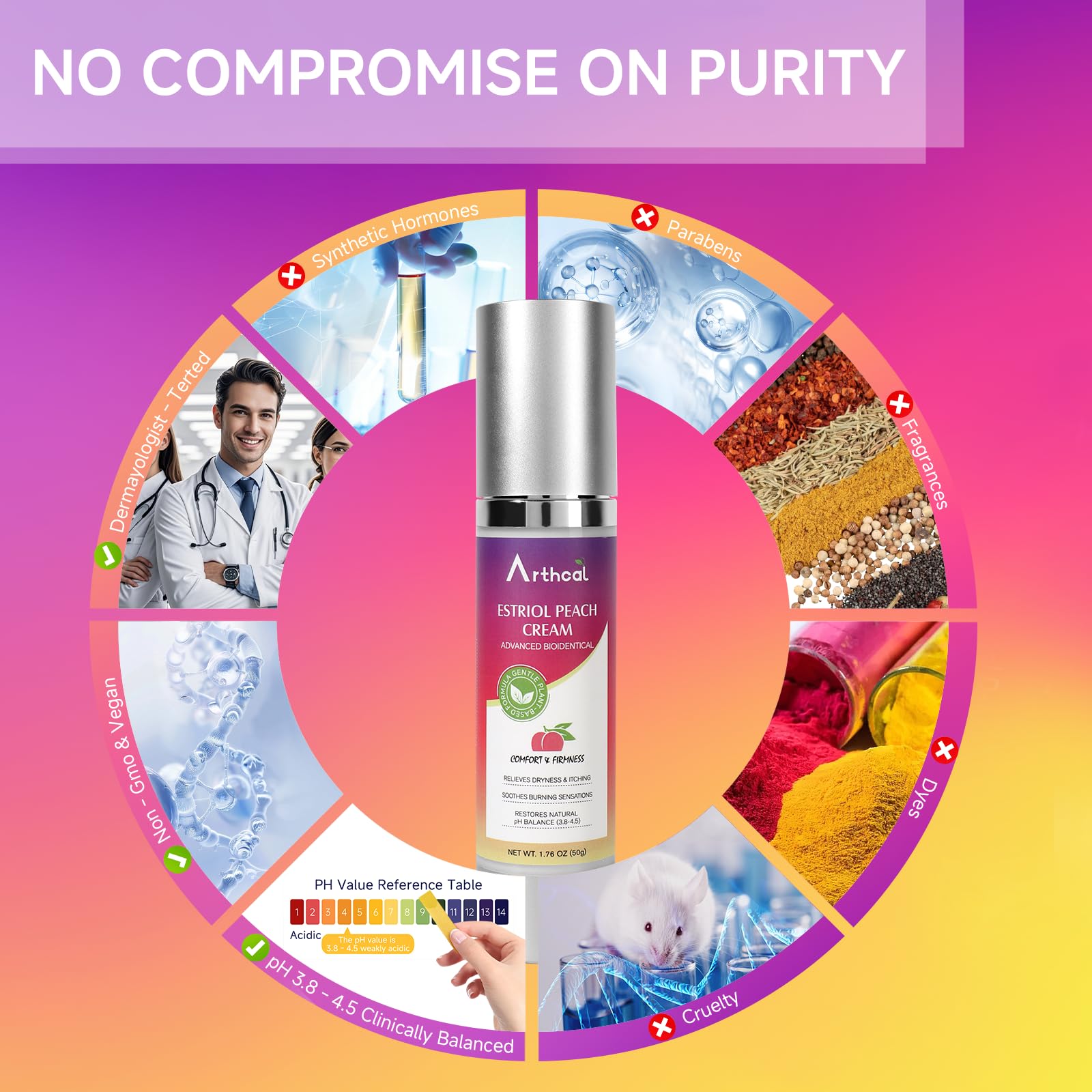 Arthcal Crème Estriol, formulation pH équilibré adaptée à la peau délicate.