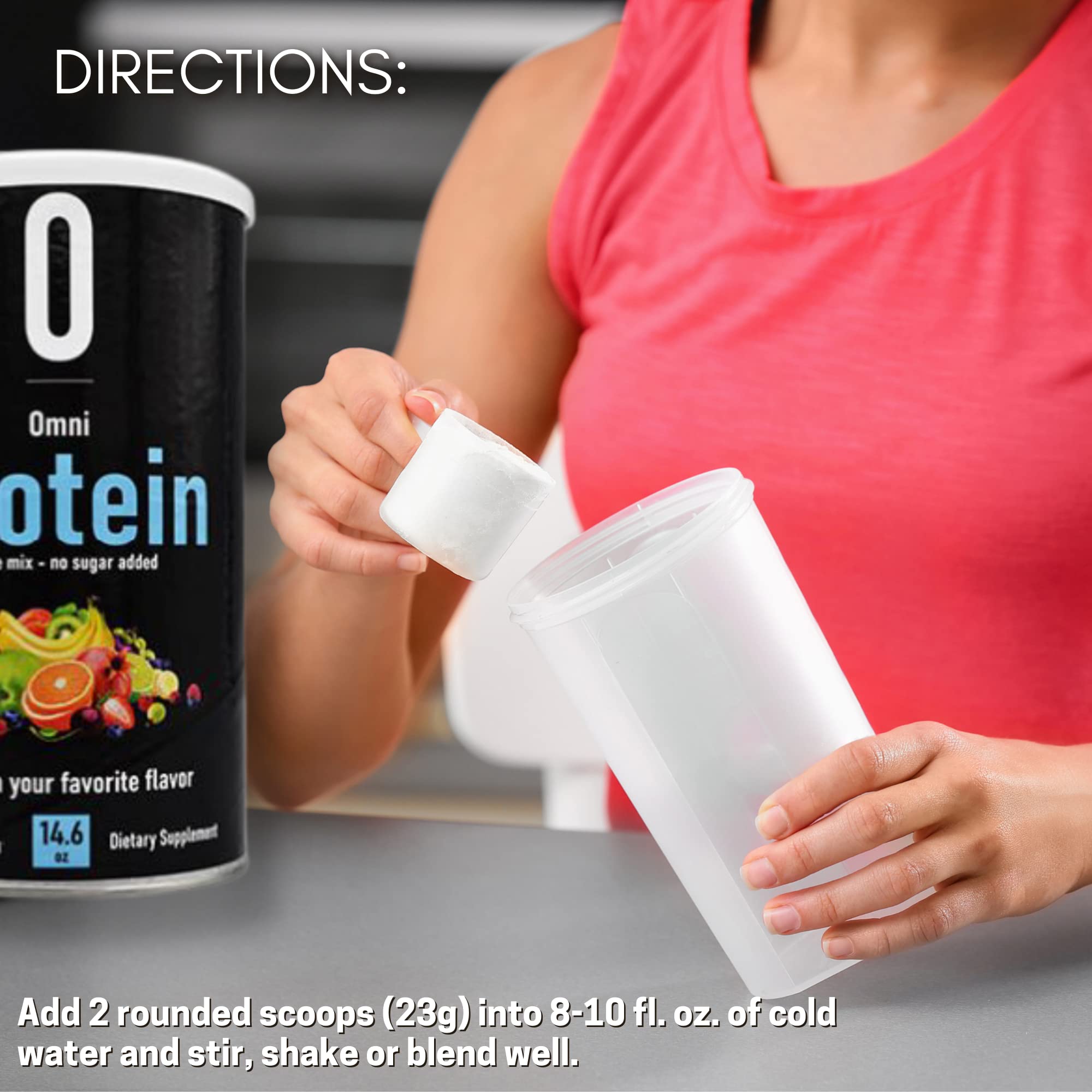 Mesure scoop Omni Protein Shake, facilite le dosage et le respect des portions.