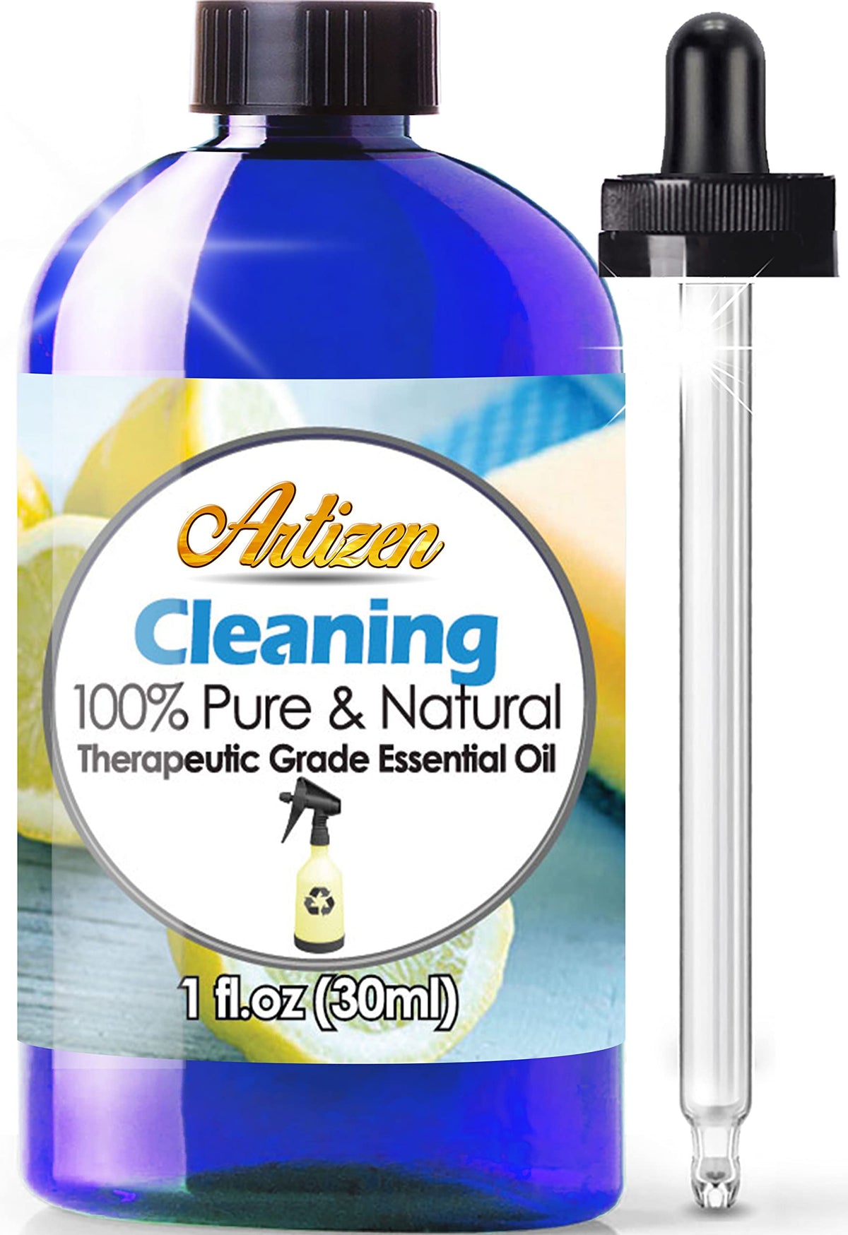 Artizen bouteille ambrée d'huiles essentielles pour nettoyage naturel.