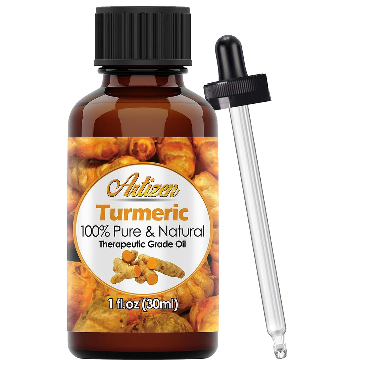 Artizen huile essentielle de curcuma — bouteille avec pipette pour diffusion apaisante.