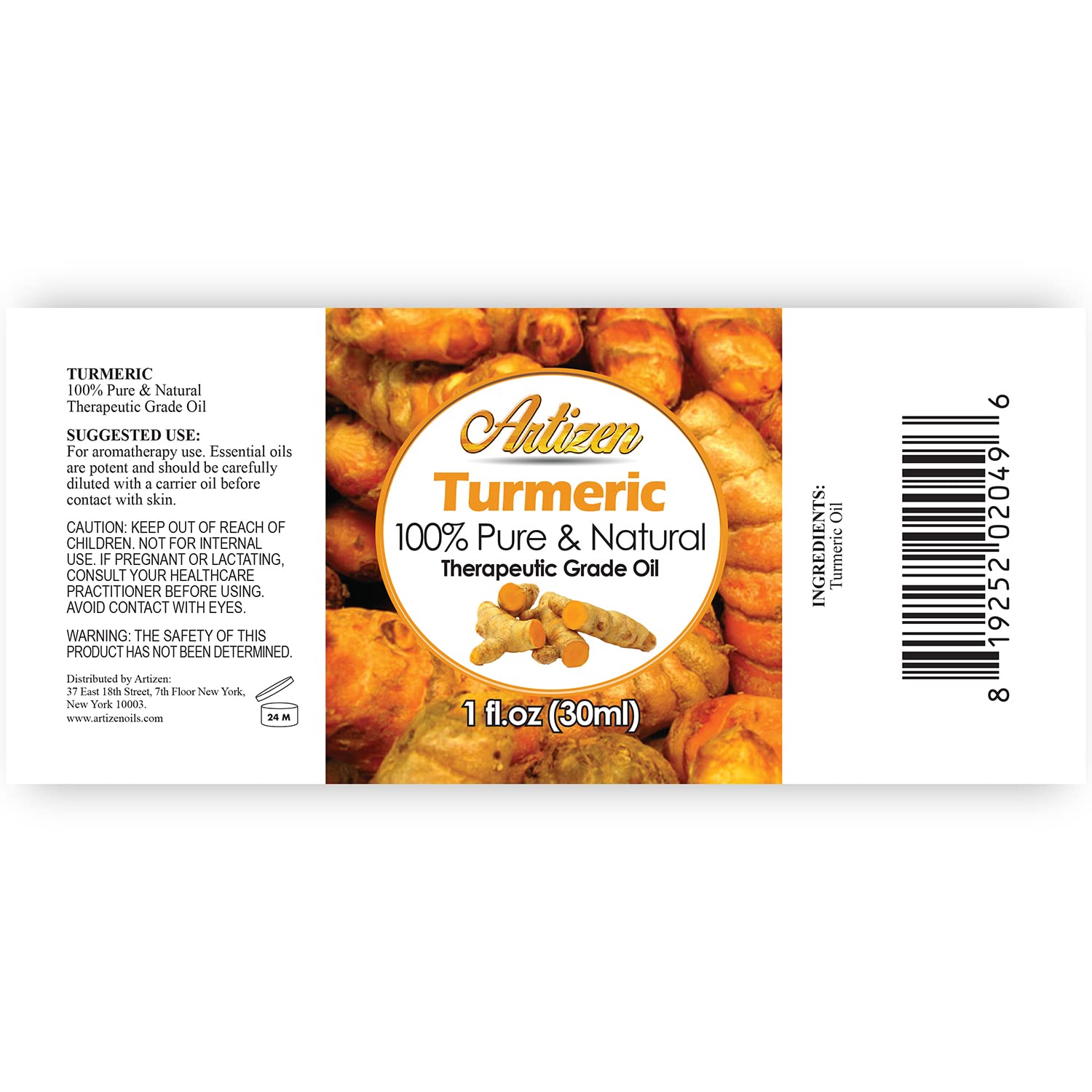 Artizen Turmeric — flacon en verre protégé UV préservant la pureté aromatique.