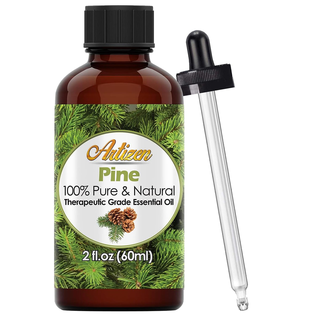 Artizen Pine, bouteille ambrée avec compte-gouttes, parfum frais et naturel pour diffusion aromatique.