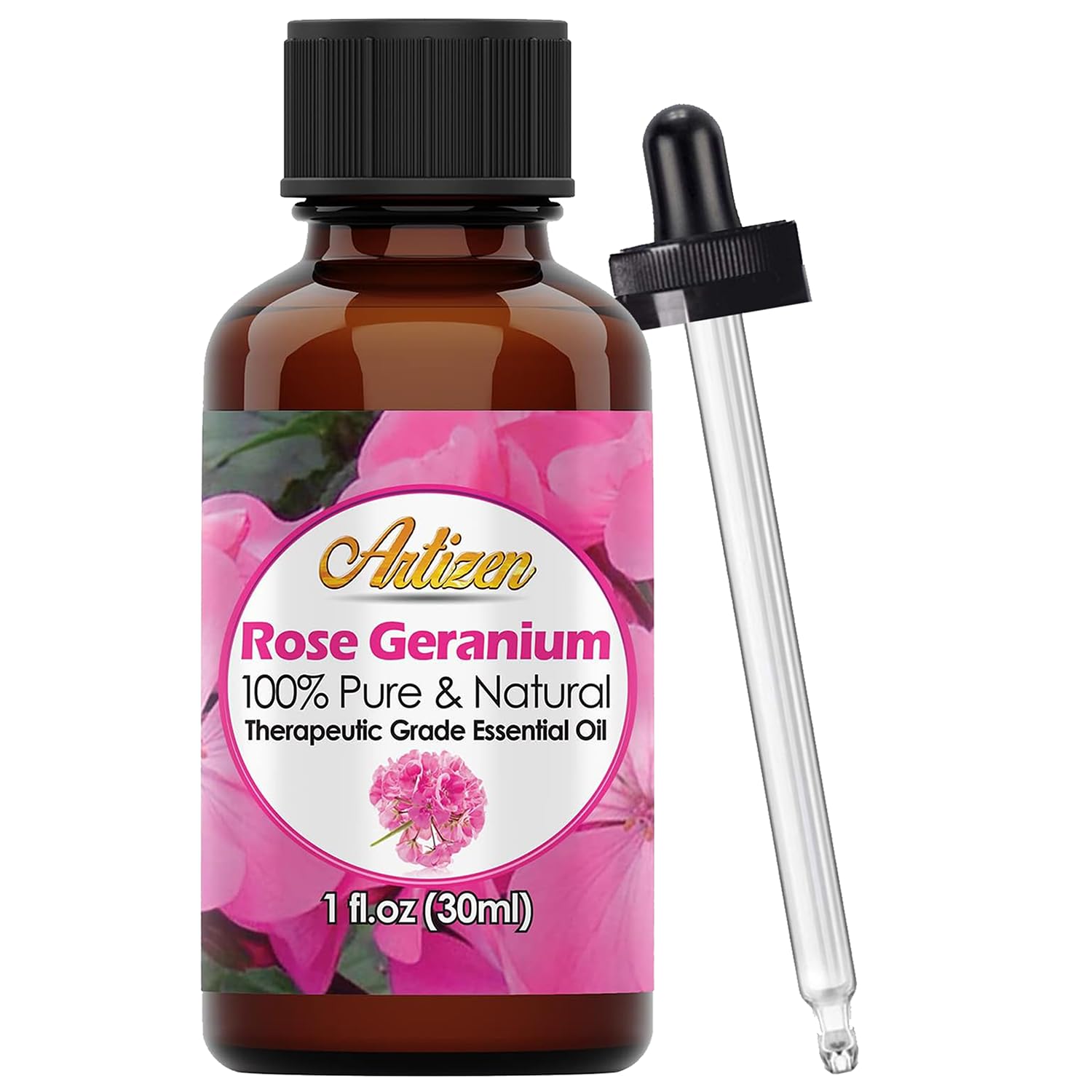 Artizen huile rose-geranium, bouteille-verre 30ml UV, préserve la pureté et la fraîcheur.
