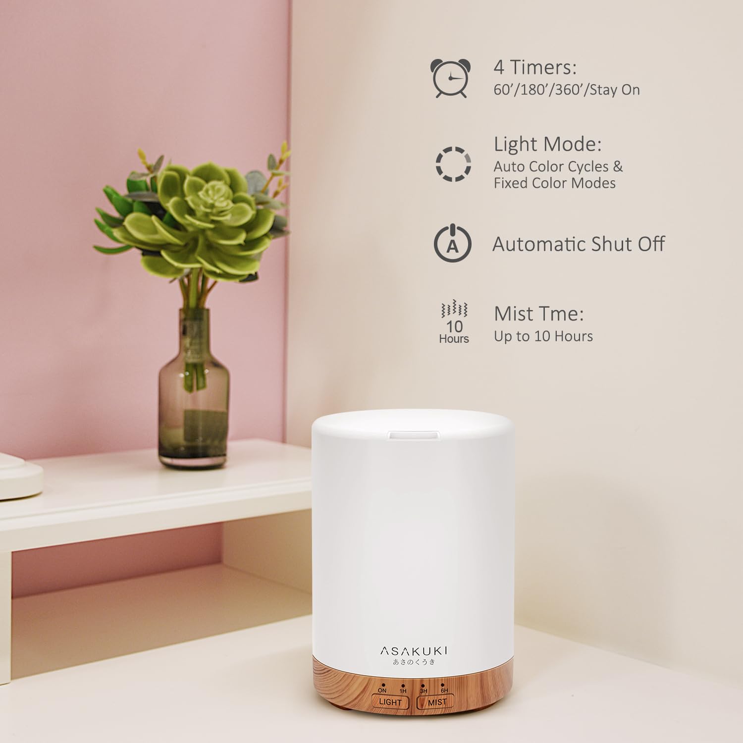ASAKUKI Diffuseur 5-en-1 offre brume douce et humidification constante.