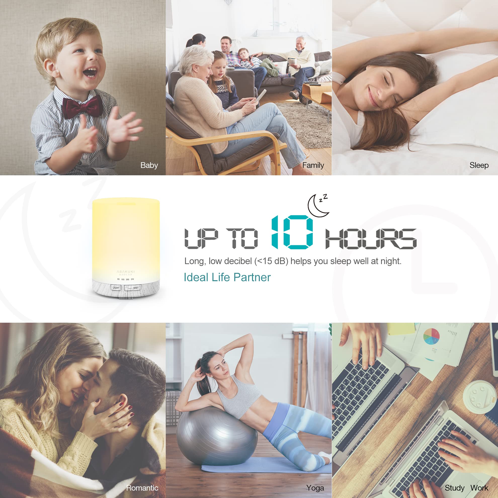 ASAKUKI diffuseur avec lumière multicolore et diffusion douce pour détente