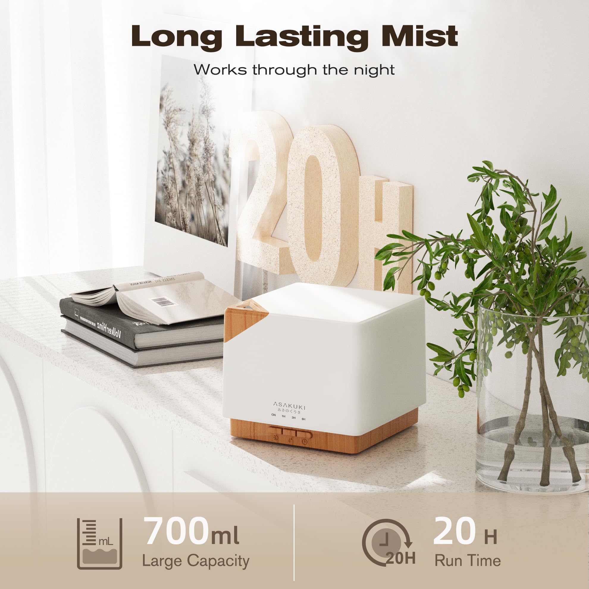 ASAKUKI diffuseur avec modes brume variés pour différents espaces.