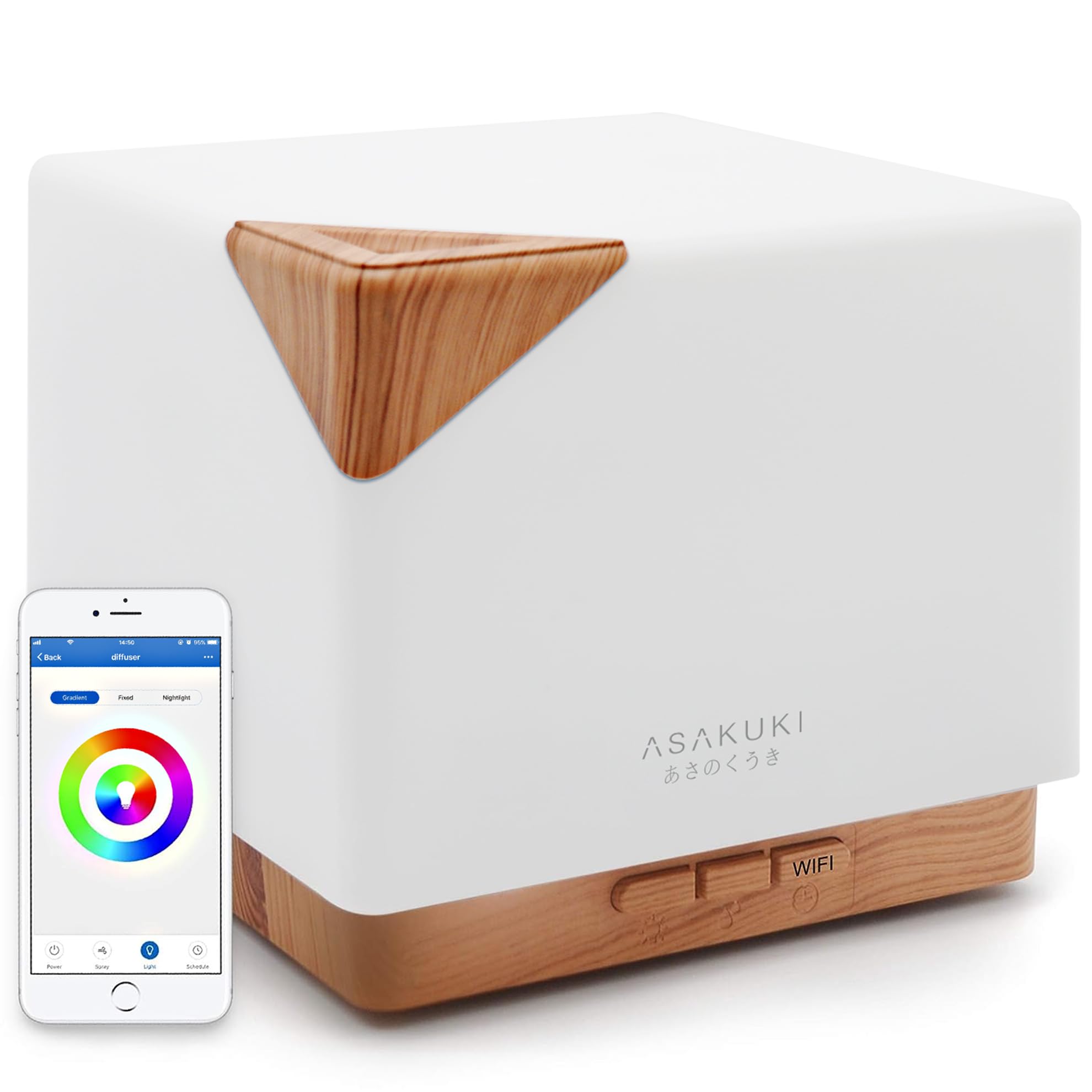 Diffuseur ASAKUKI WiFi 700 ml en fonctionnement, ambiance apaisante.
