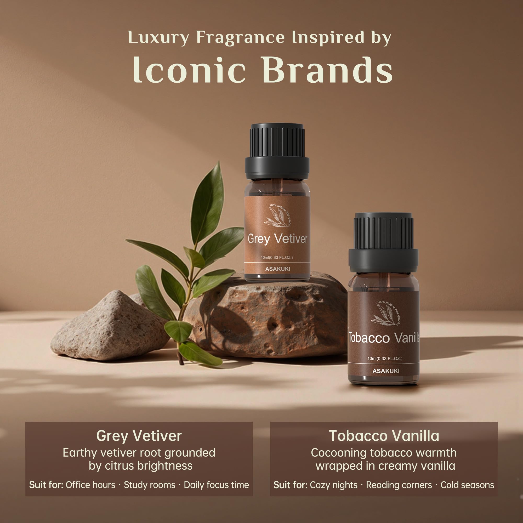 ASAKUKI – Flacon huile vetiver gris: note boisée et sophistiquée pour déploiement élégant.
