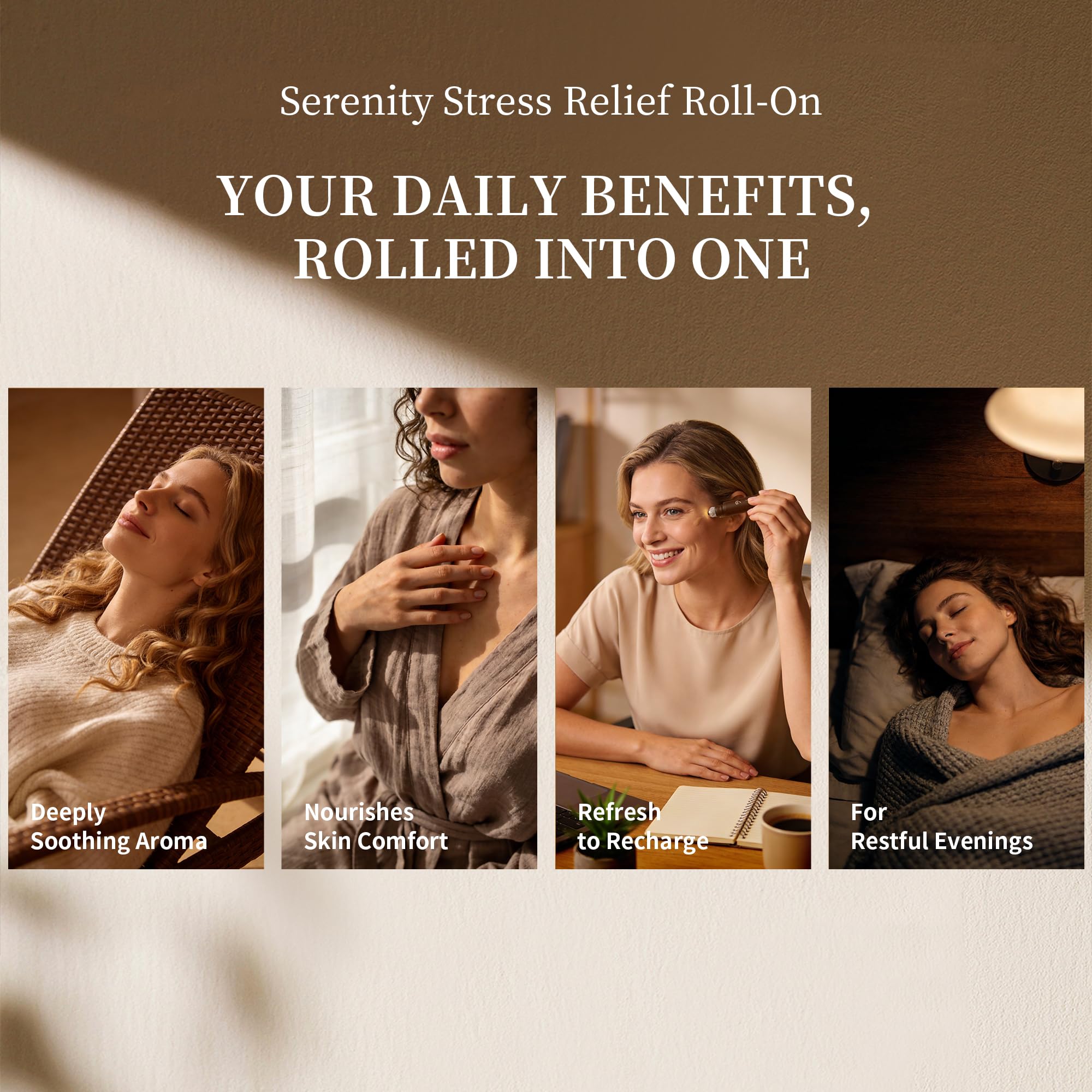 Design compact et élégant du Serenity Roll-On en verre ambré