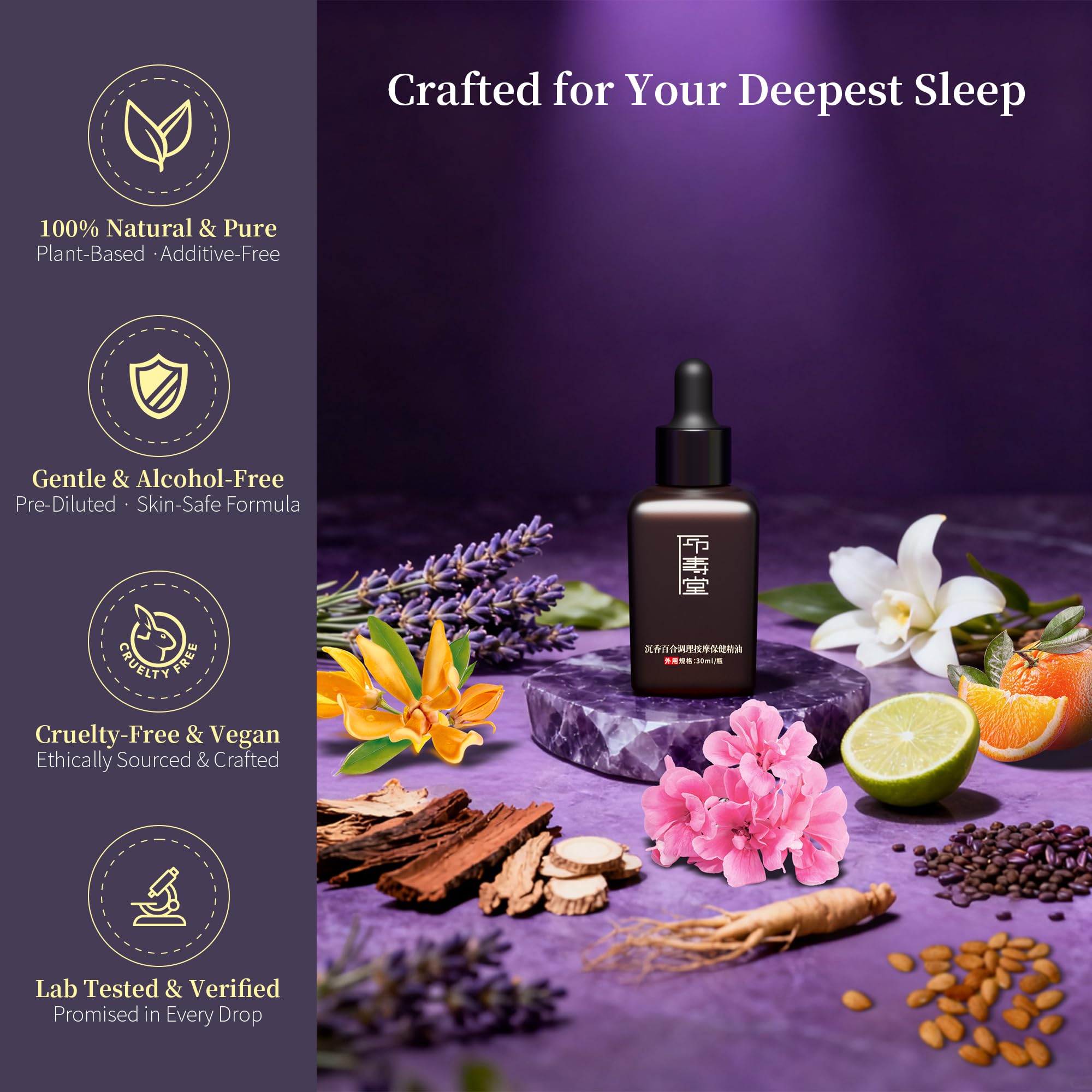 Asanté Labs Tranquility, gouttes en pipette, usage précis pour un massage apaisant.