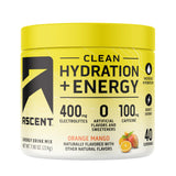 Ascent Hydratation + Energie en poudre, bouteille orange-mangue prête à mélanger et à boire.