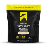 Ascent Whey Native poudre mesurée dans une cuillère pour un apport protéique quotidien.