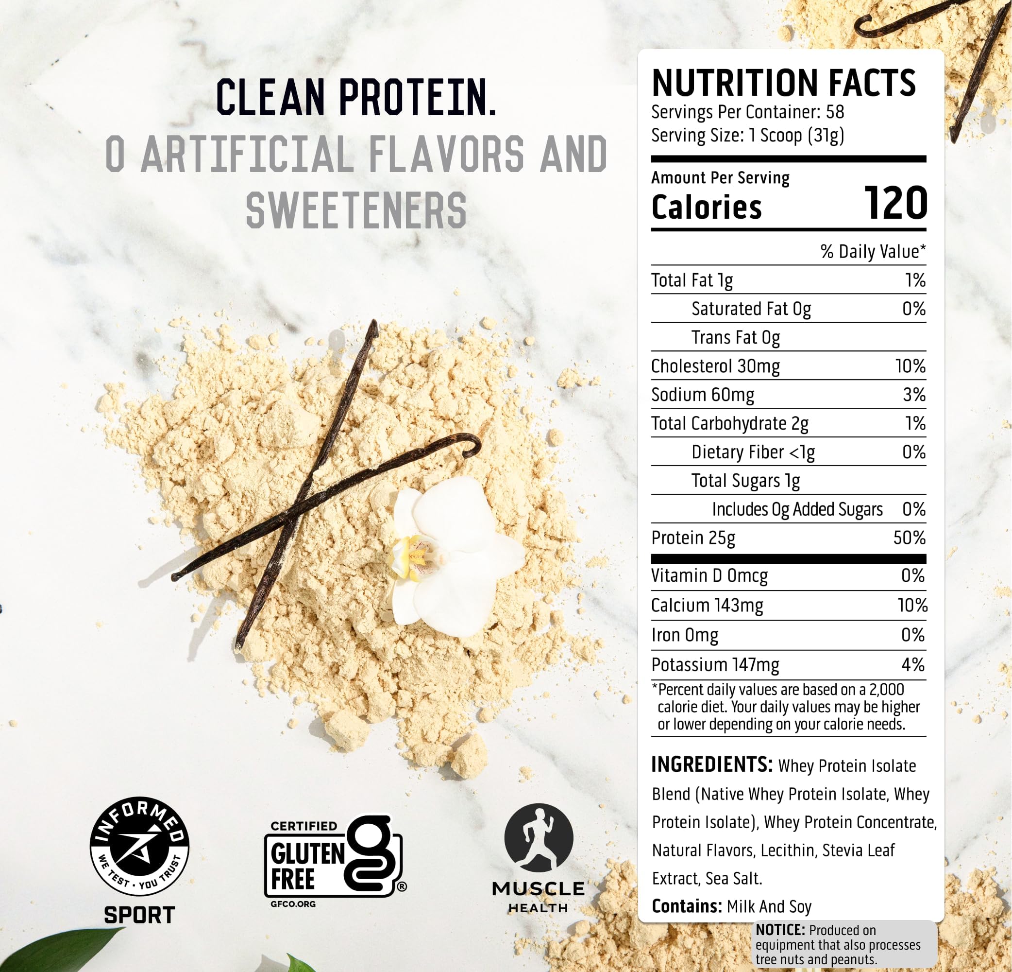 Ascent Whey Native sans arômes ni édulcorants artificiels pour un profil pur.
