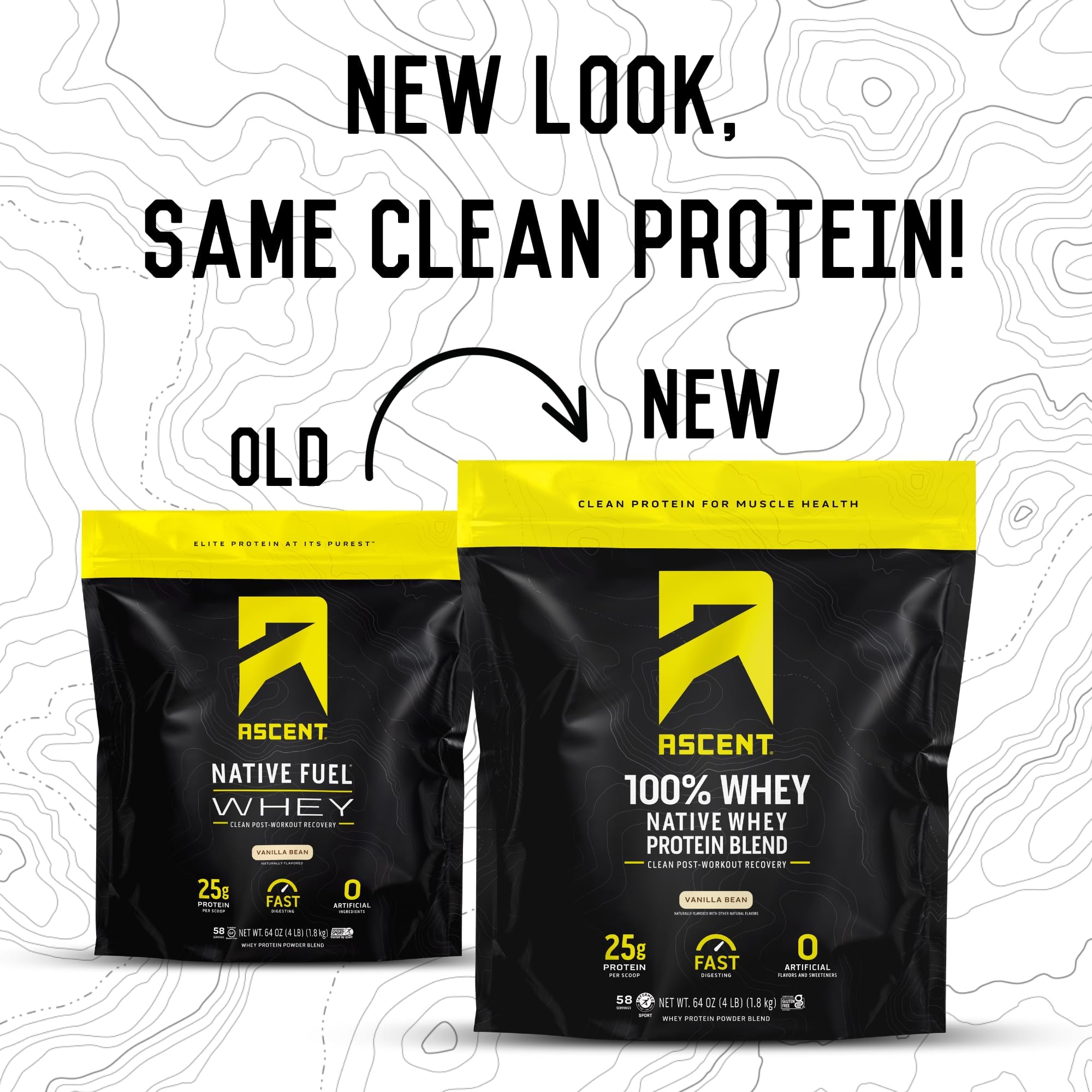 Ascent Whey Native étiquette sans gluten et sceau de qualité.