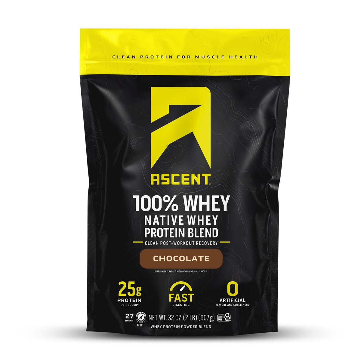 Ascent Whey Protéine Chocolat 2 lb — etiquette du produit, idéale pour récupération post-entraînement.