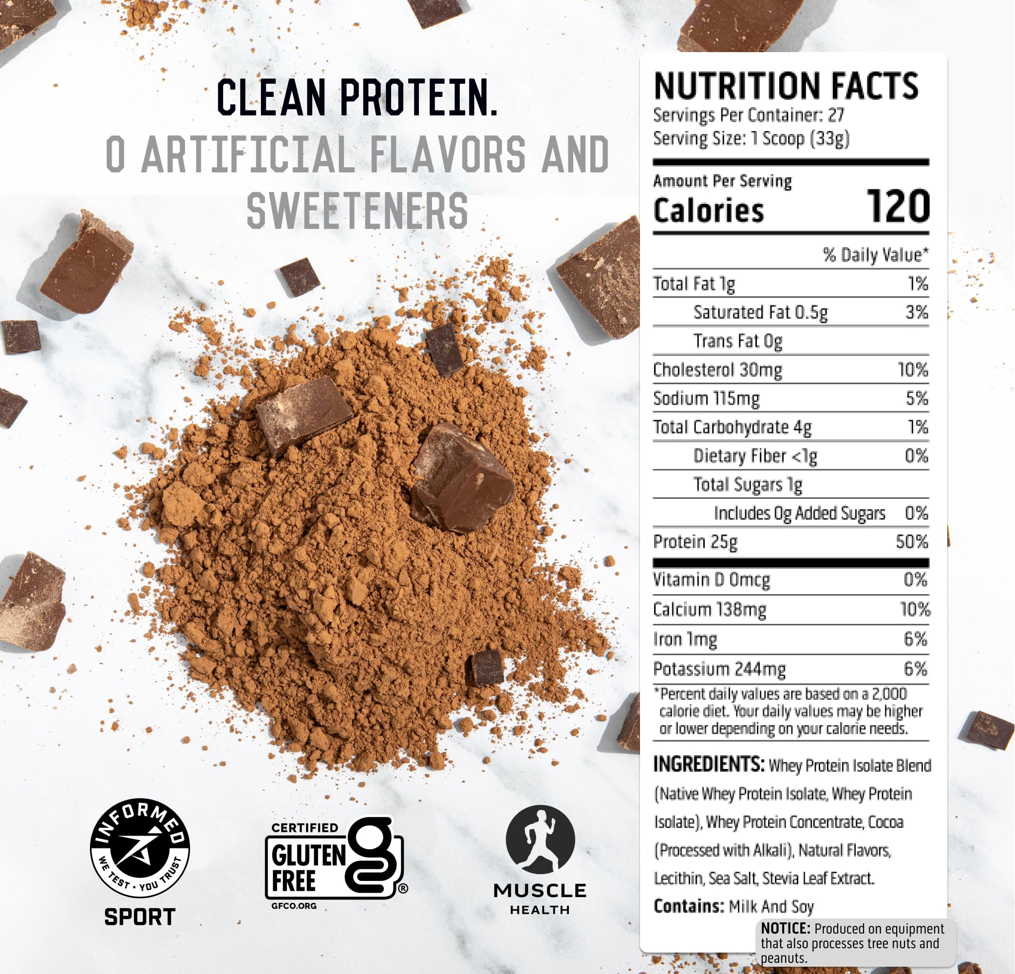 Ascent Whey Protéine Chocolat 2 lb — tableau nutritionnel clair pour planifier vos repas post-entraînement.