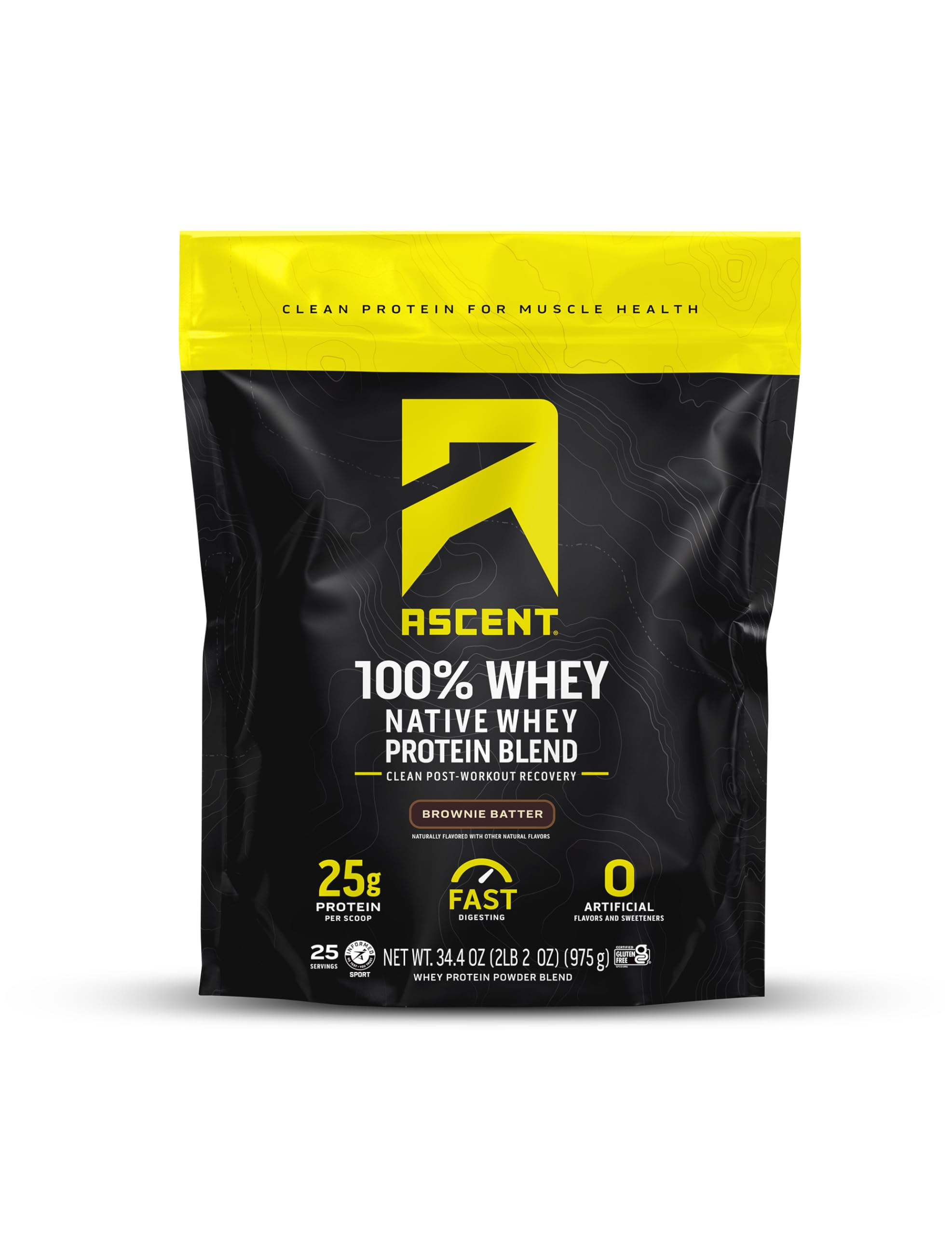 Ascent Whey Protéine en poudre dans emballage avec cuillère, pratique pour démarrer après l'entraînement.