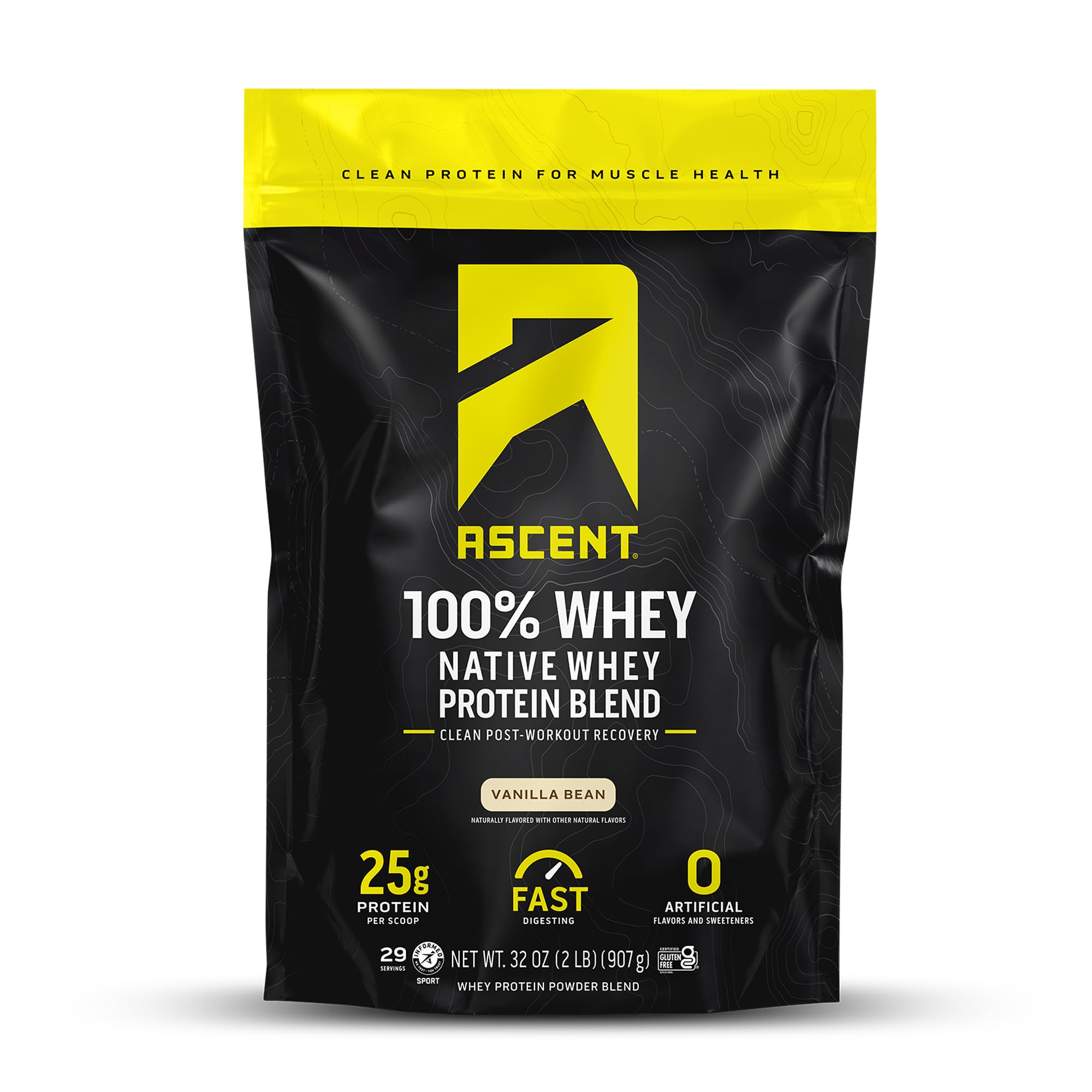 Ascent whey vanille, bouteille 2 lb, idéale pour récupération post-entraînement.