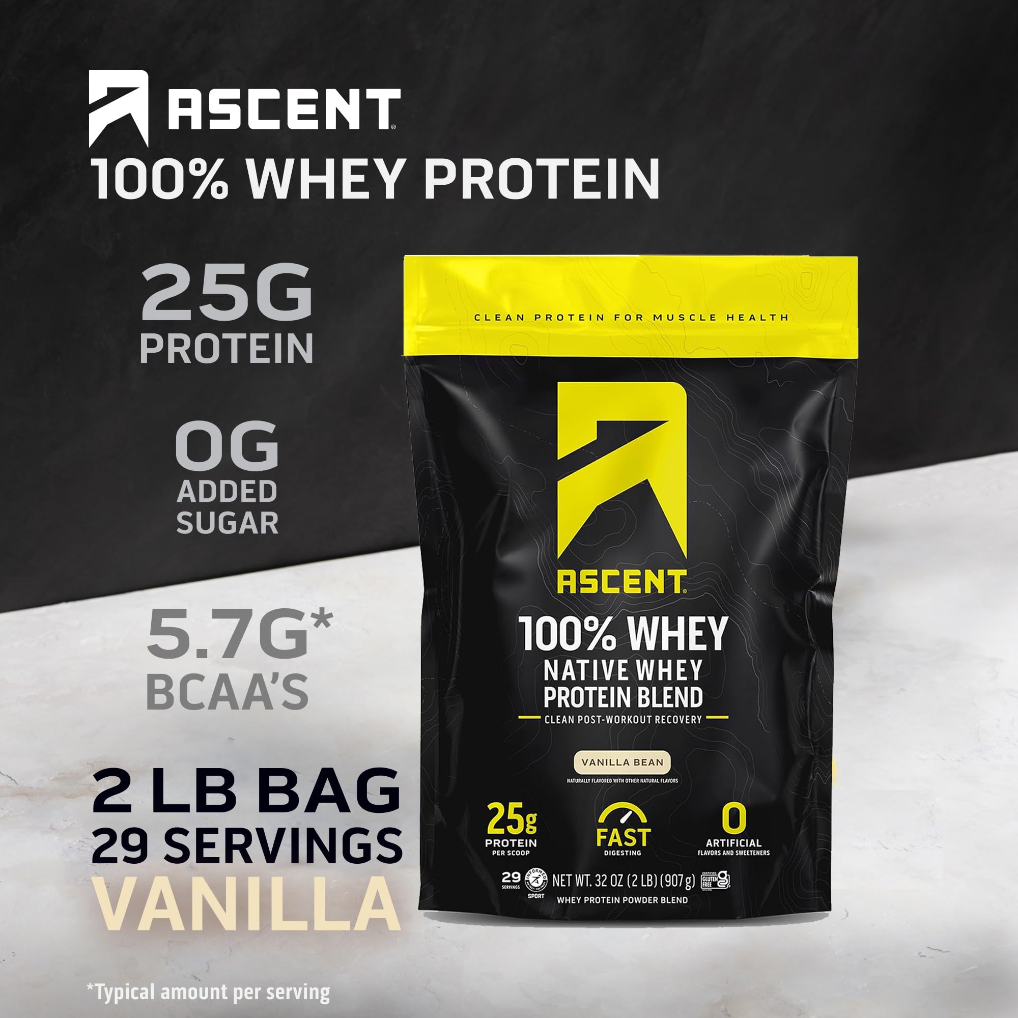 Ascent whey vanille, cuillère dose, pratique pour shake rapide après séance.