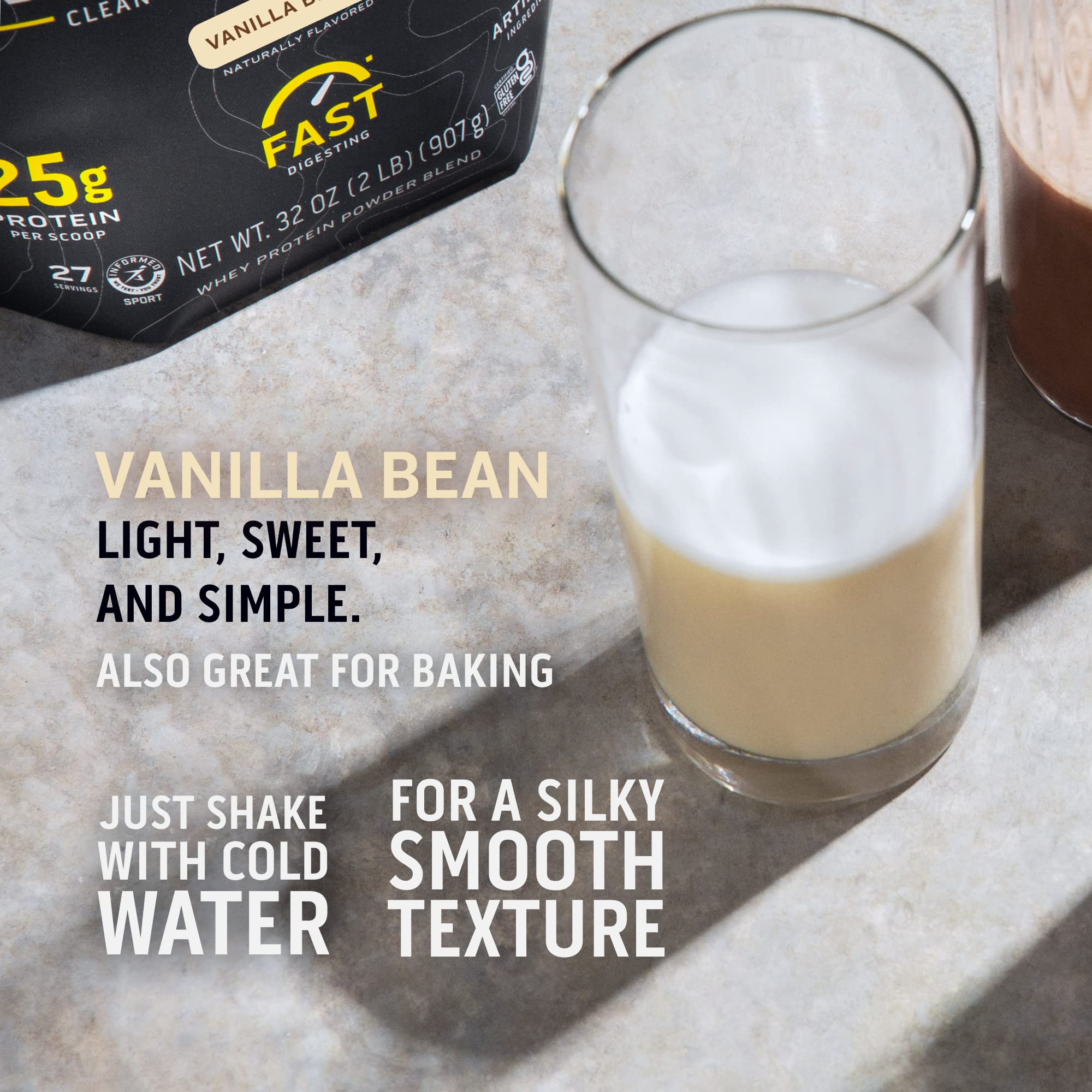 Ascent whey vanille, étiquette claire, sans gluten et sans soja.