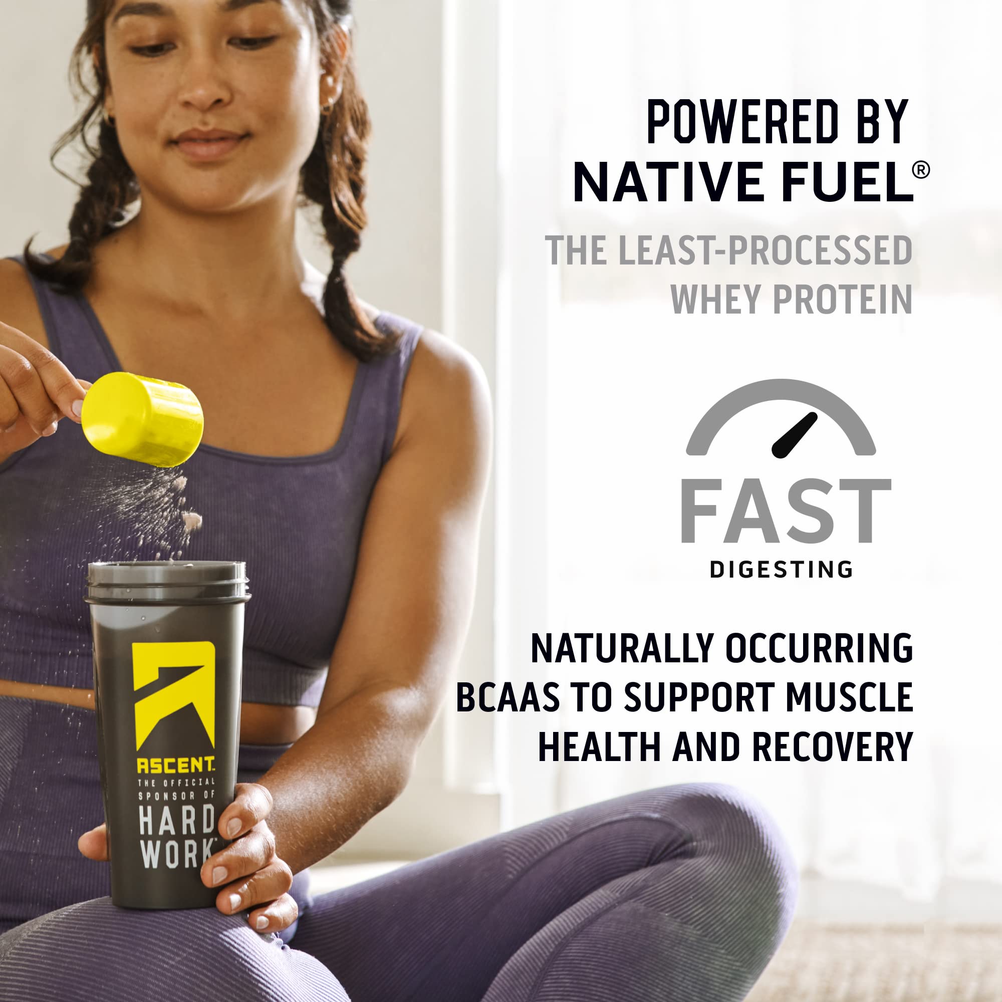 Ascent whey vanille, poudre fine, mélange rapide pour collations protéinées.