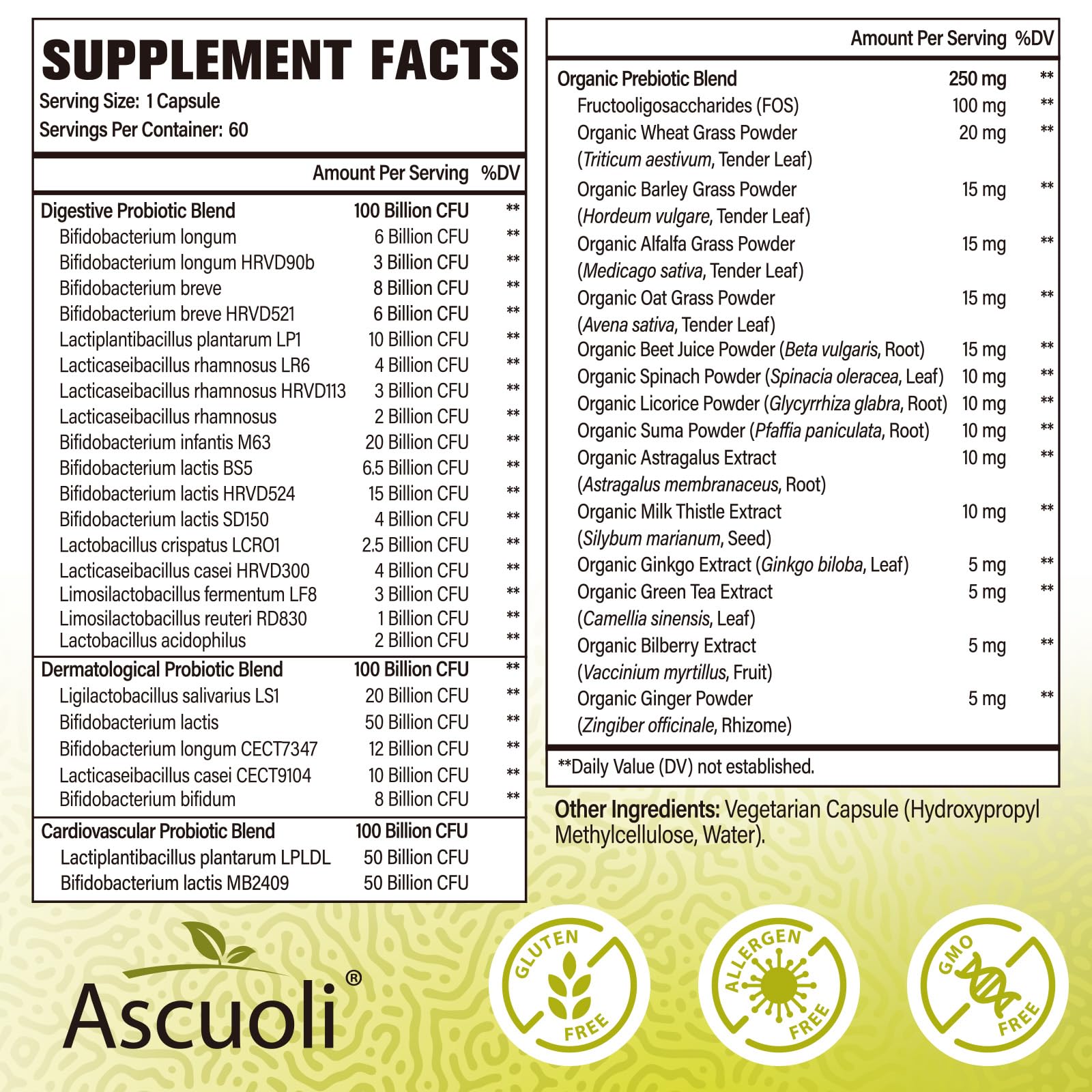 Ascuoli Probiotiques: 24 souches soutiennent l'équilibre intestinal.