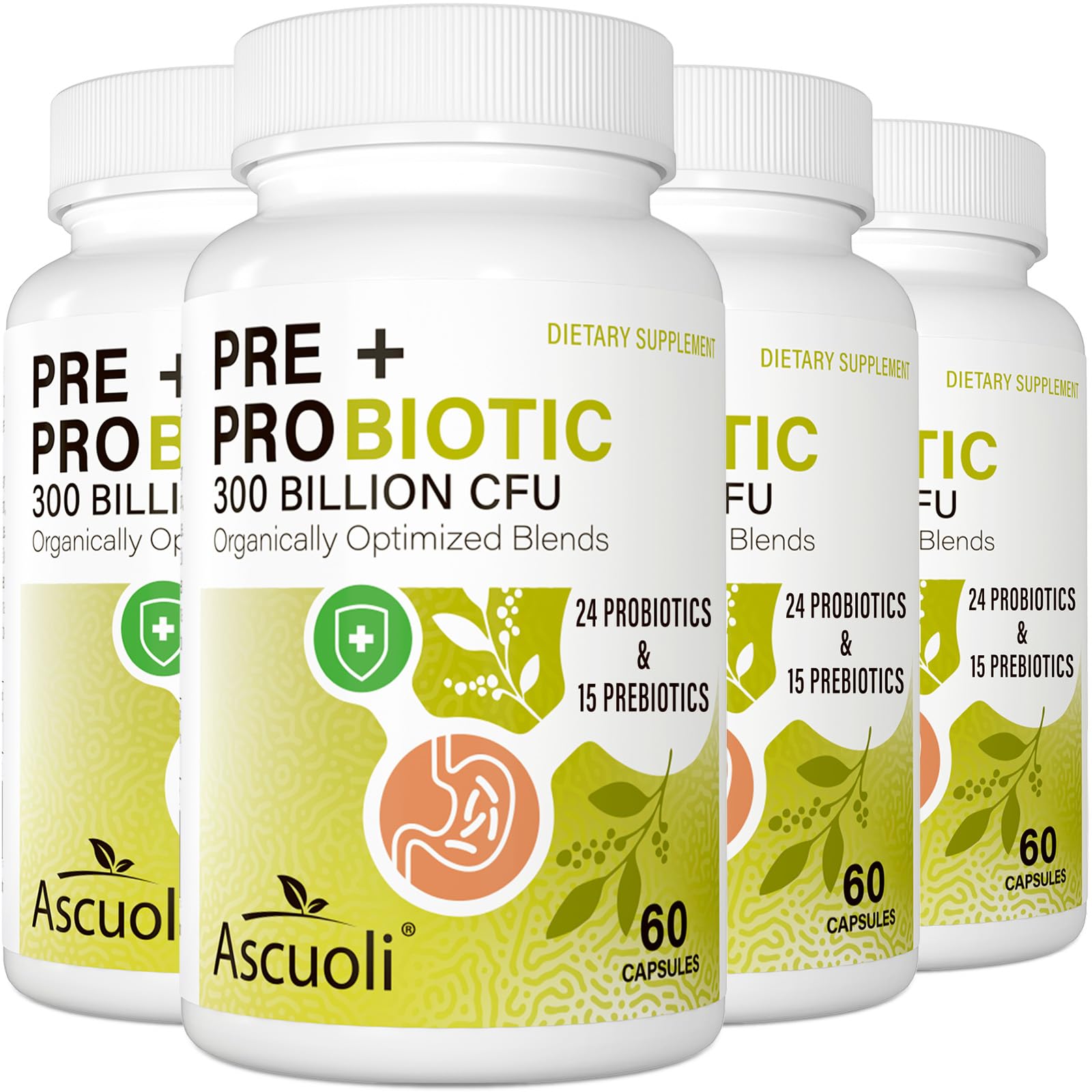 Ascuoli Probiotiques - bouteille affichant 300 milliards CFU, soutien digestif potentiel.