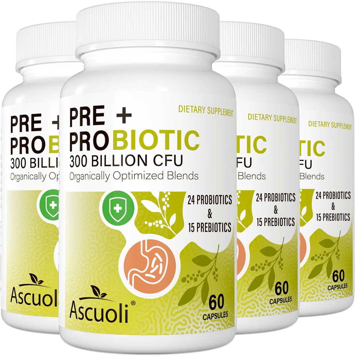 Ascuoli Probiotiques - bouteille affichant 300 milliards CFU, soutien digestif potentiel.