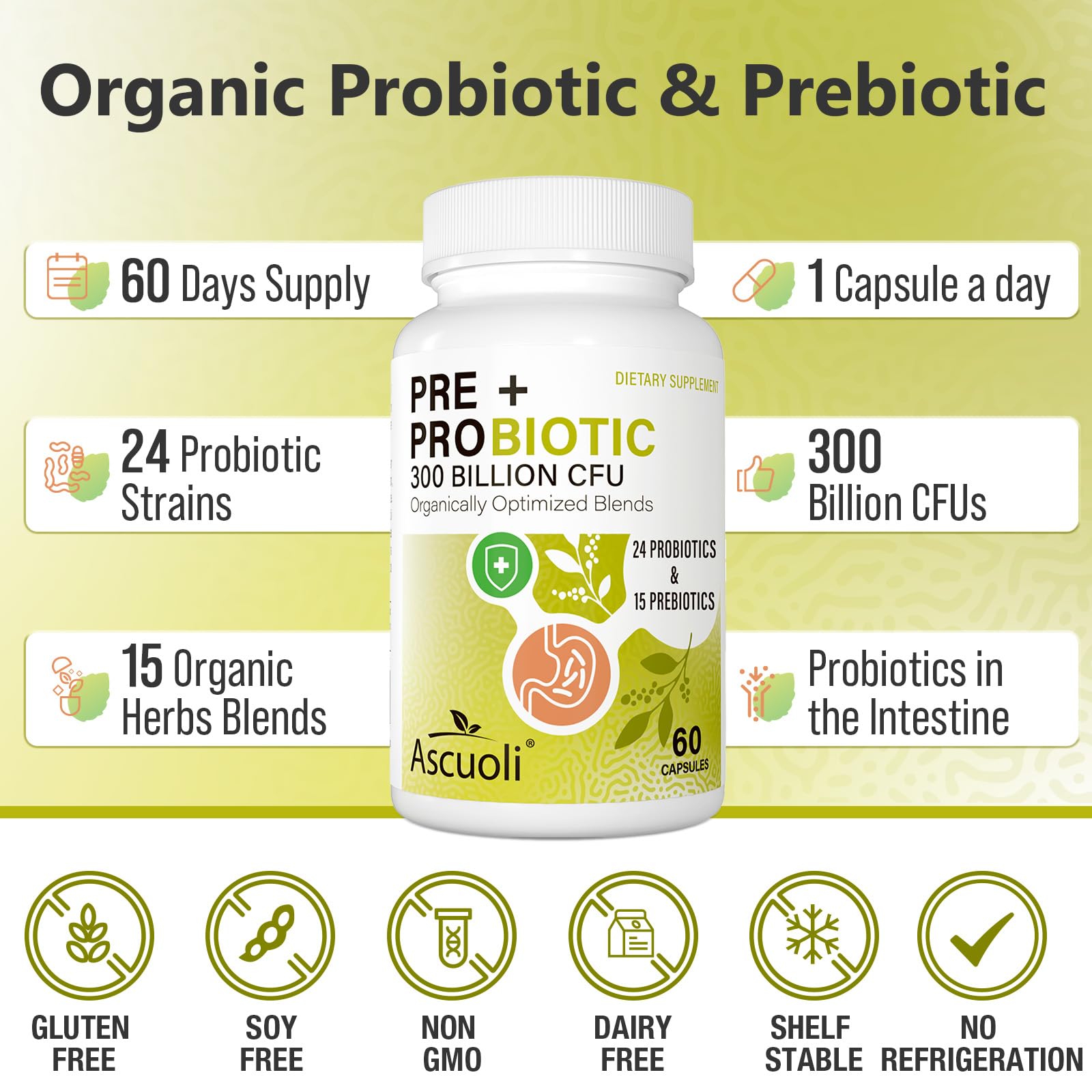 Ascuoli Probiotiques: 15 herbes organiques renforcent le confort digestif.