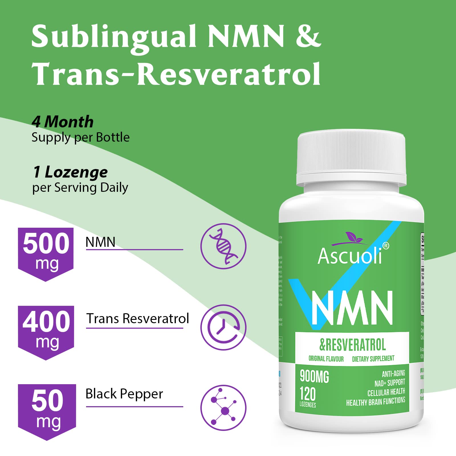Étiquette Ascuoli indiquant la pureté du Resveratrol et la qualité