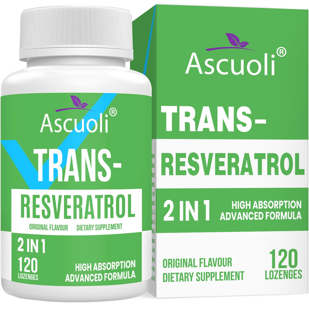 Ascuoli Trans‑Resveratrol, bouteille 120 pastilles, utilisation quotidienne facile.