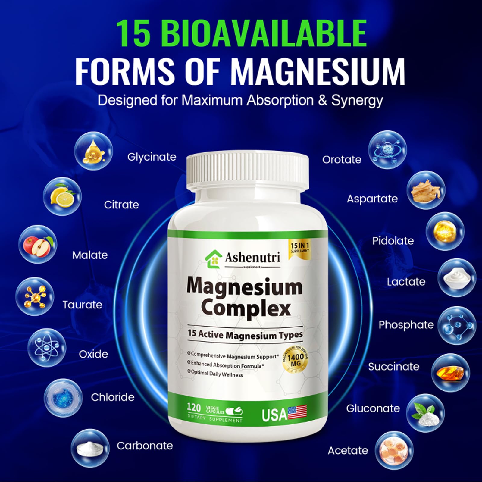 Ashenutri Magnesium Energie Muscles Os: soutient énergie quotidienne et fonction musculaire.