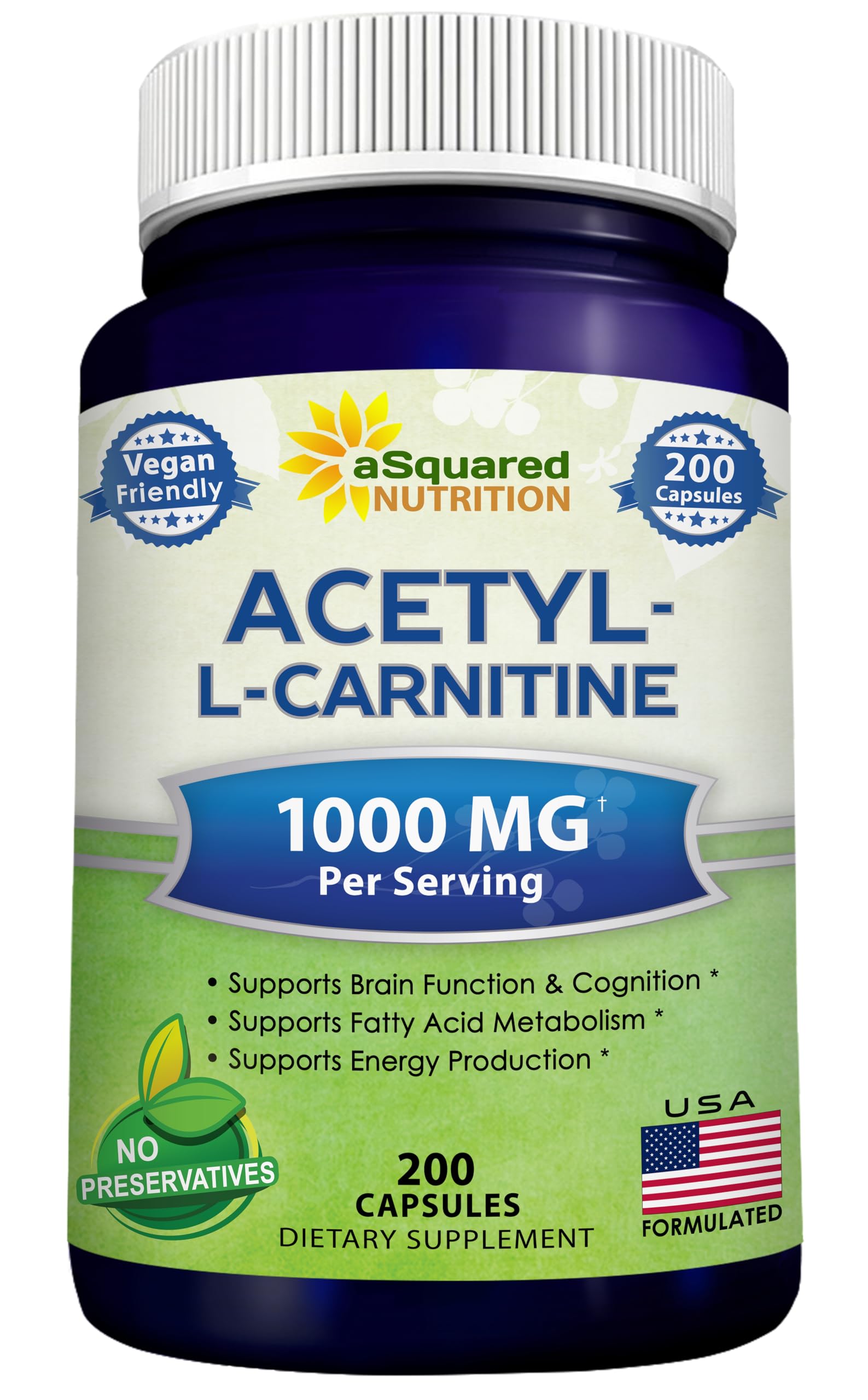 aSquared Nutrition Acetyl L-Carnitine, bouteille 200 capsules, énergie potentielle et clarté cognitive