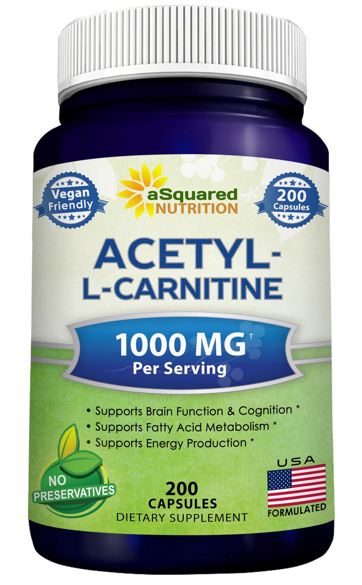 aSquared Nutrition Acetyl L-Carnitine, bouteille 200 capsules, énergie potentielle et clarté cognitive