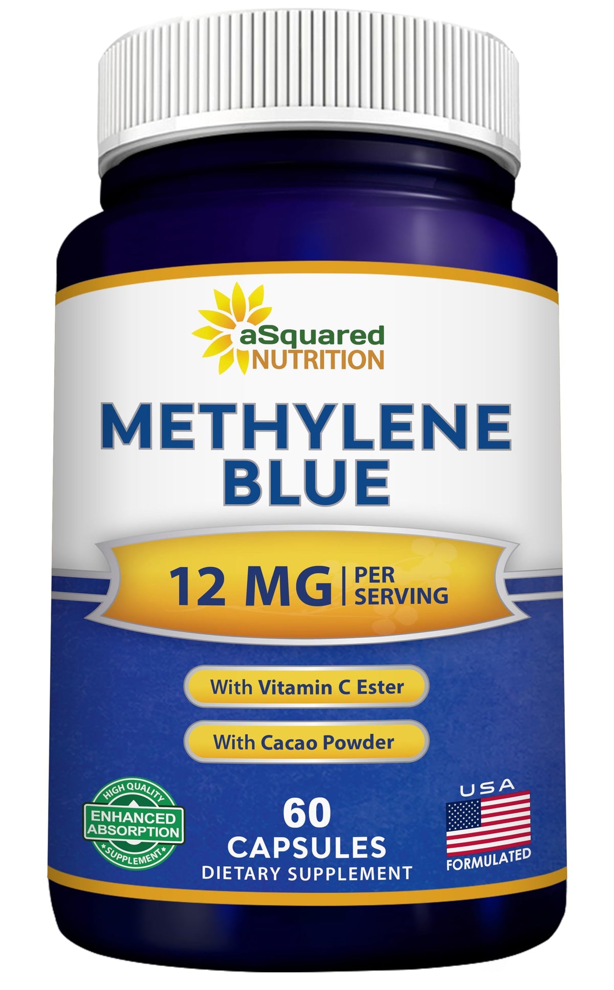 Capsules Bleu de méthylène d’aSquared Nutrition, bouteille montrant l’emballage et l’énergie potentielle
