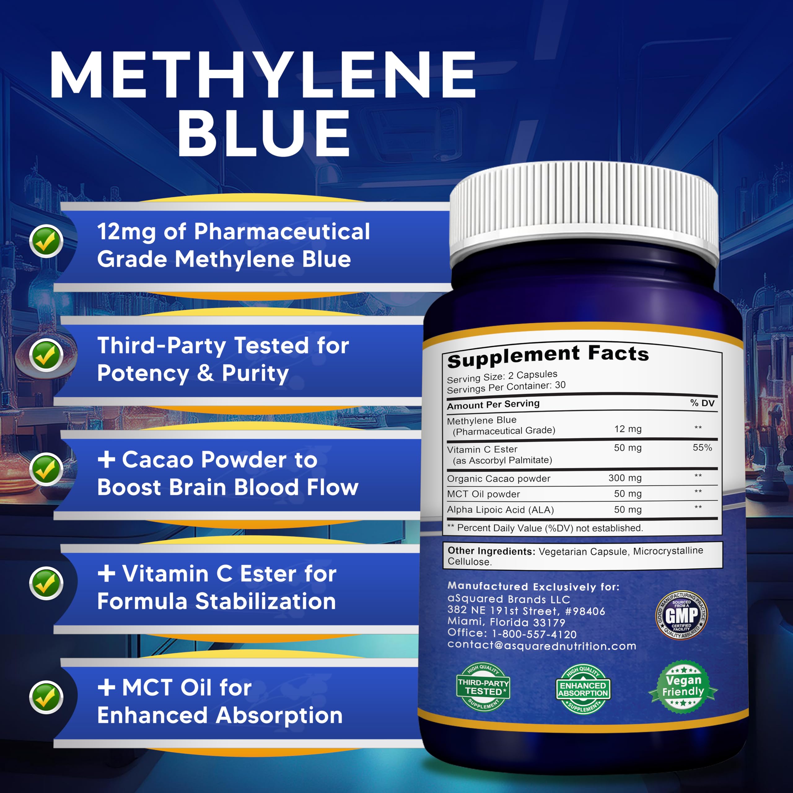 Capsules Bleu de méthylène d’aSquared Nutrition, vitamine C ester pour absorption