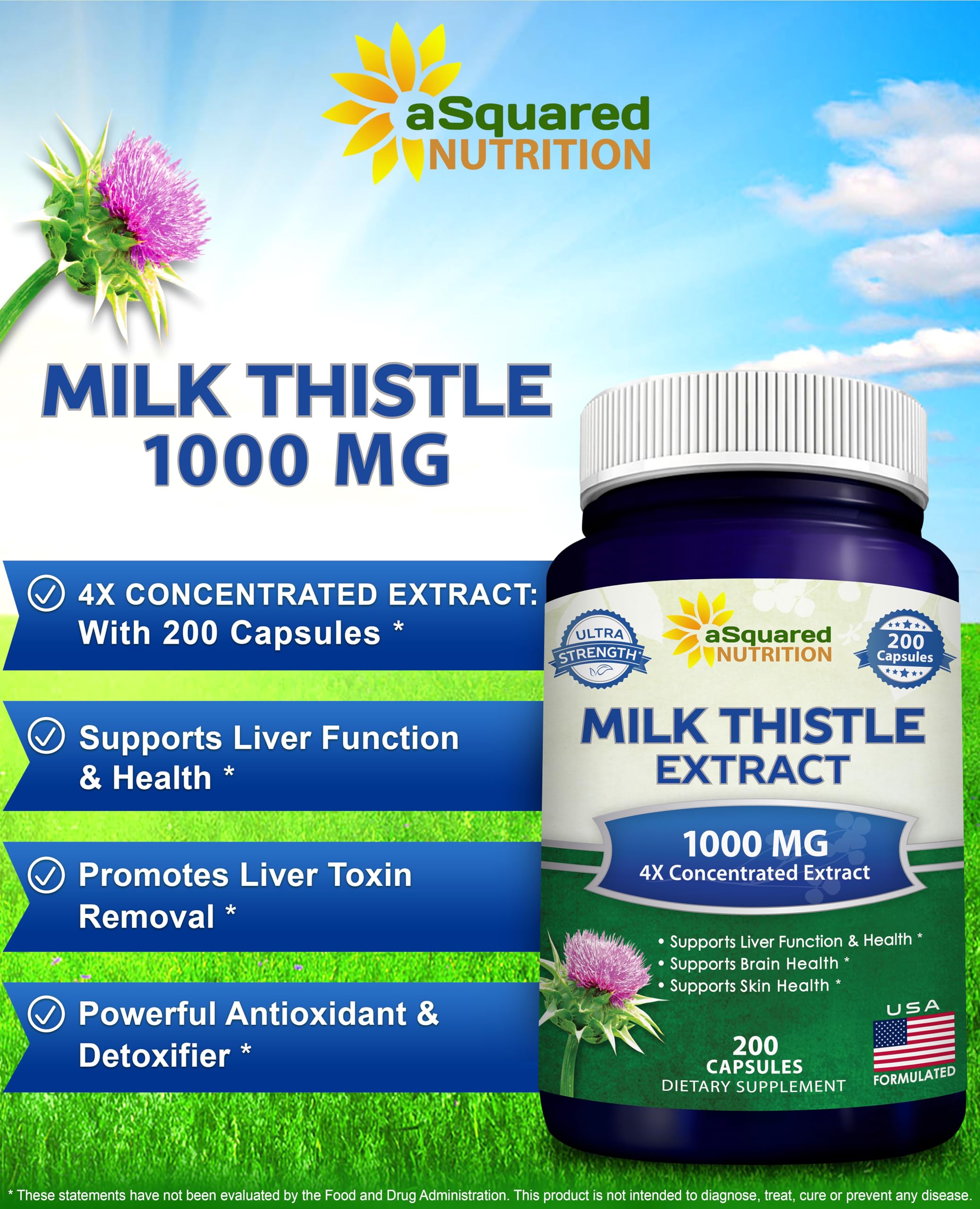 Bouteille aSquared Nutrition chardon-marie – 200 gélules formule végétale
