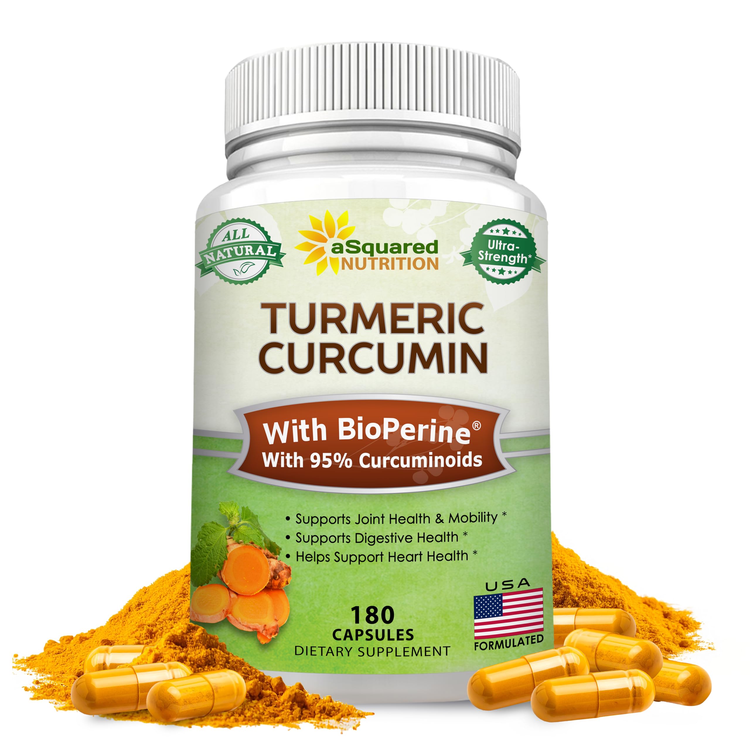 Flacon aSquared Nutrition Curcumine 1300mg, soutien potentiel mobilité des articulations.