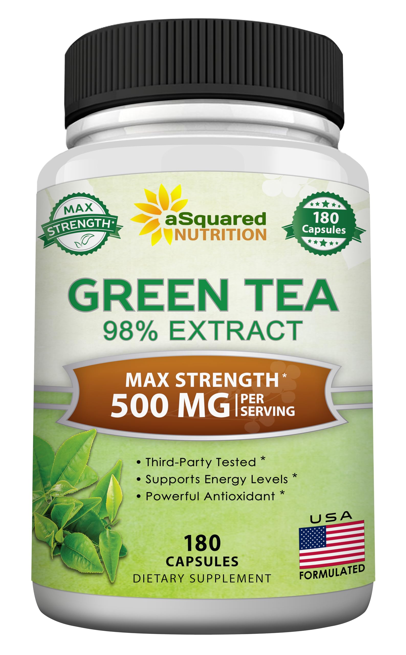 aSquared Nutrition Extrait de thé vert EGCG – bouteille 180 capsules, énergie durable.