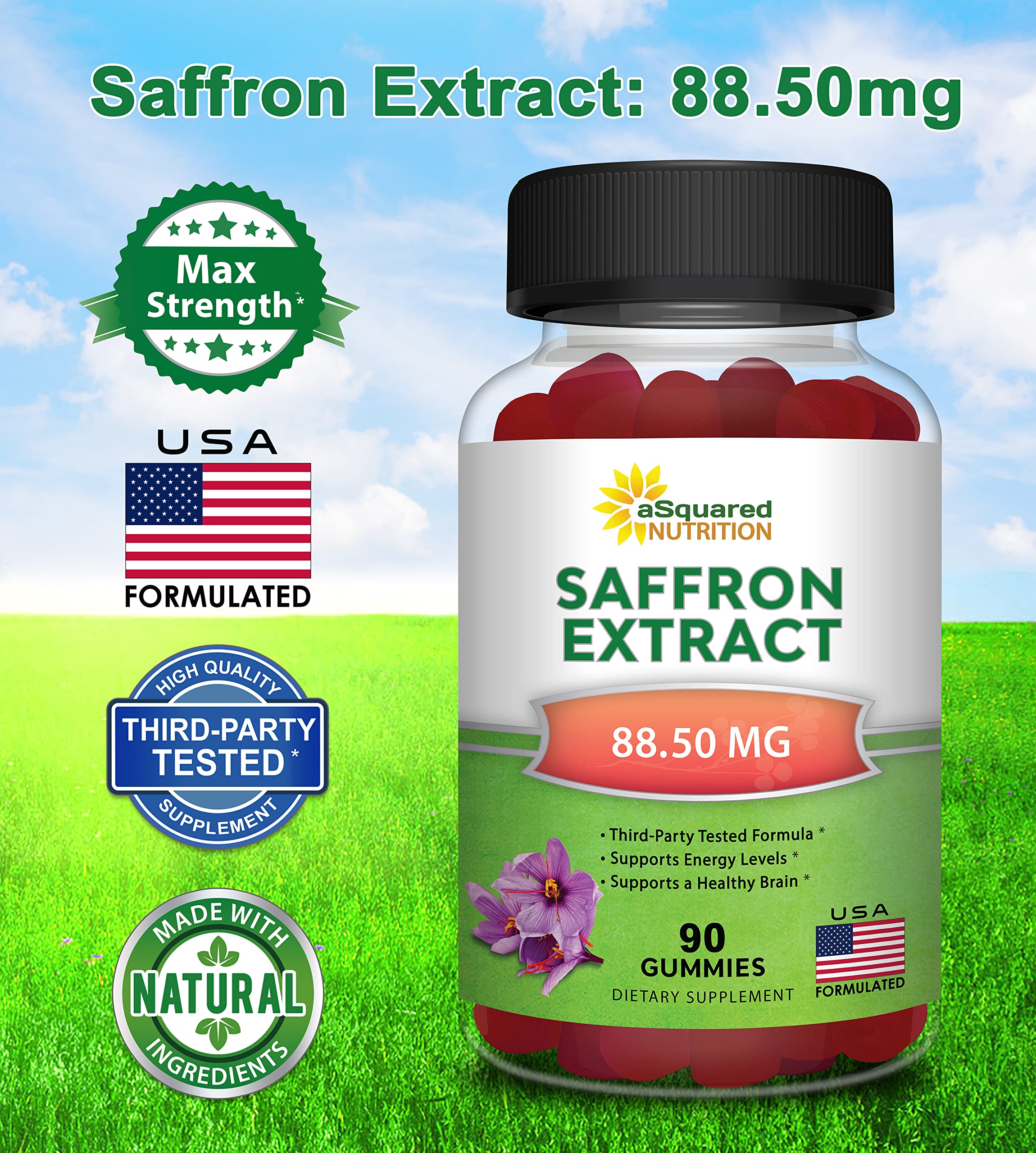 Gommes safran d'aSquared Nutrition, certification ISO démontrant sécurité et pureté.