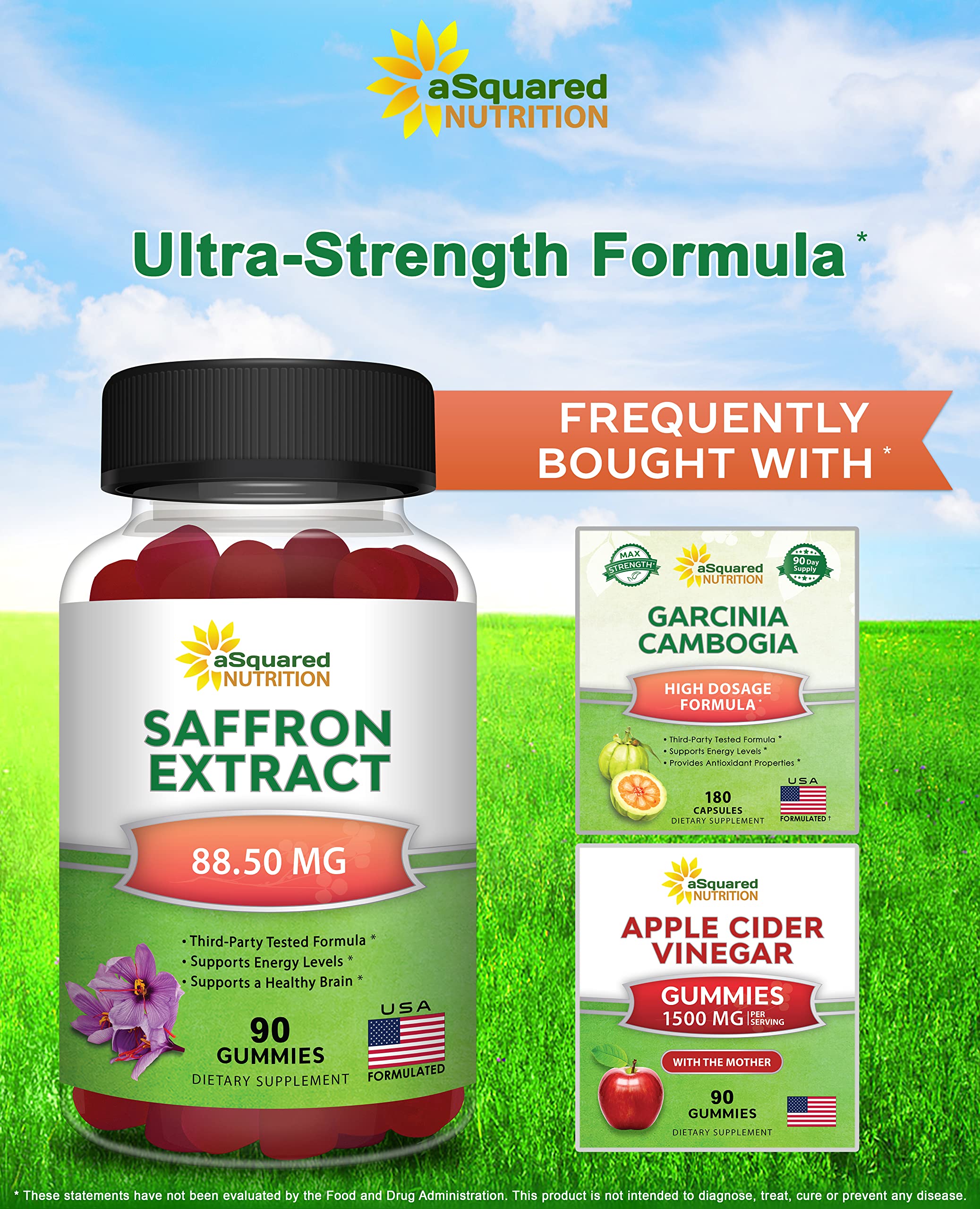 Gommes safran d'aSquared Nutrition, etiquette lisible et rappel du dosage.