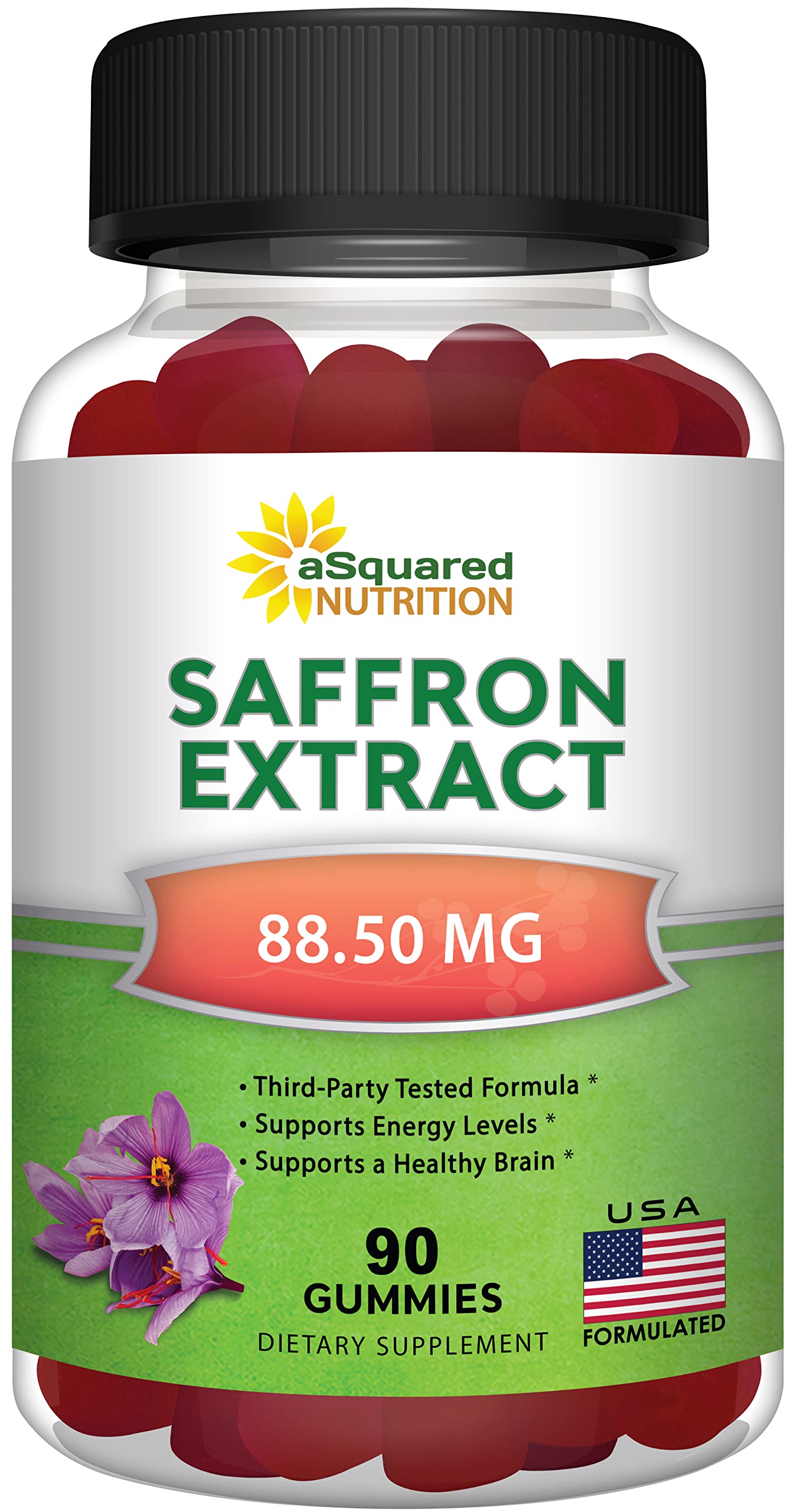Gommes safran d'aSquared Nutrition, flacon pratique pour usage quotidien et énergie potentielle.