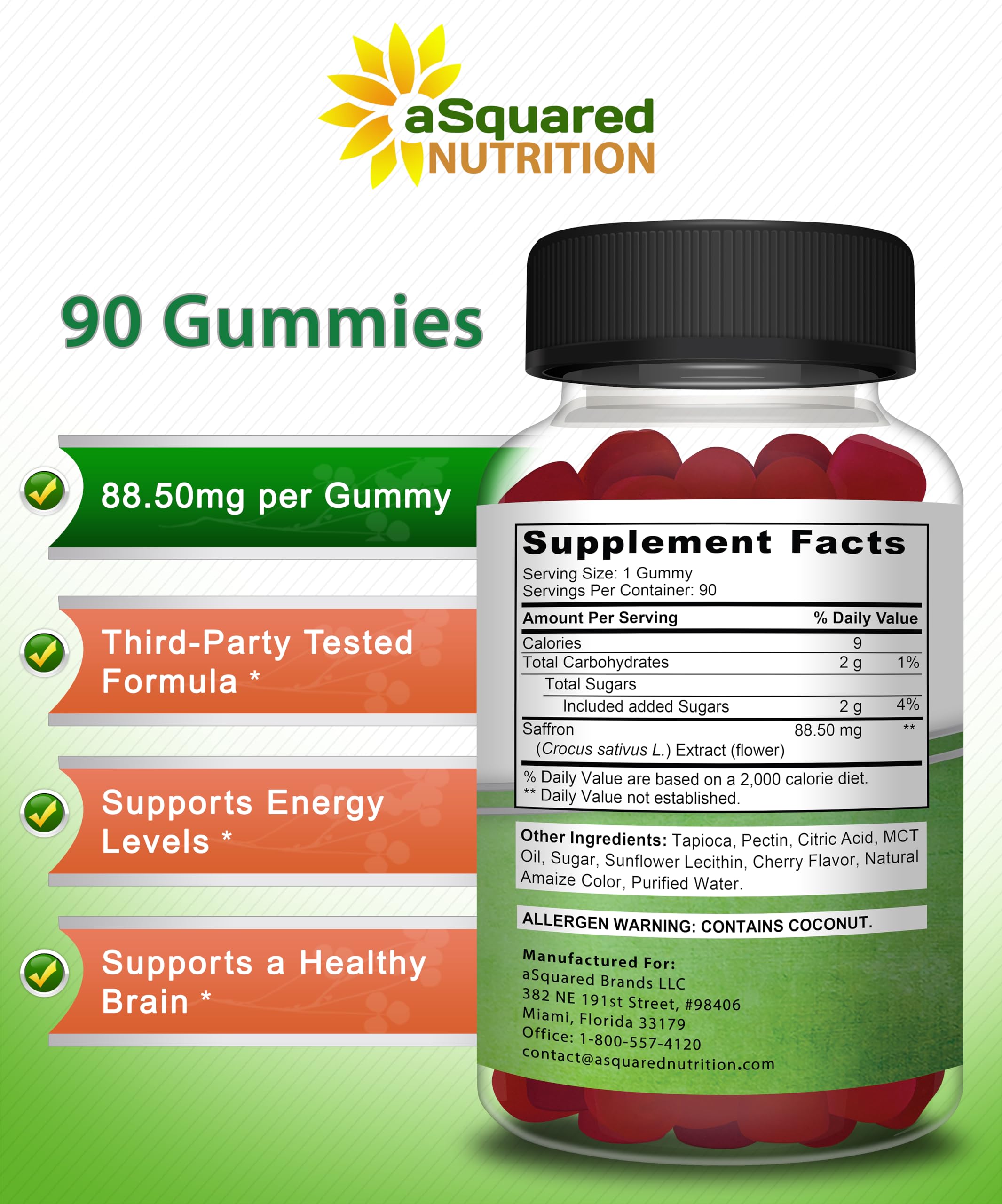 Gommes safran d'aSquared Nutrition, gros plan sur la couleur et la texture.