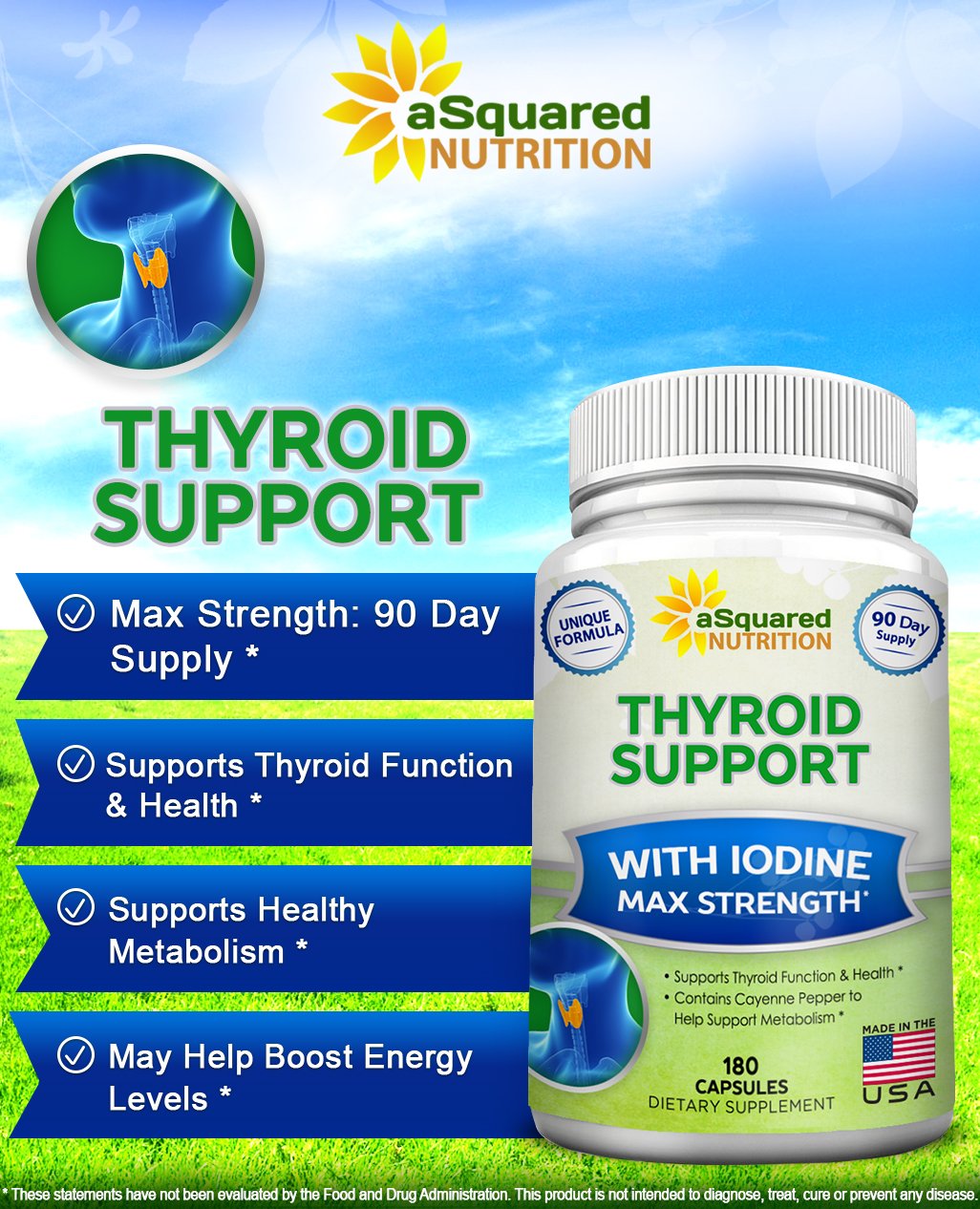 aSquared Nutrition – Ingrédients clés présentés sur l’emballage pour le soutien thyroïdien.
