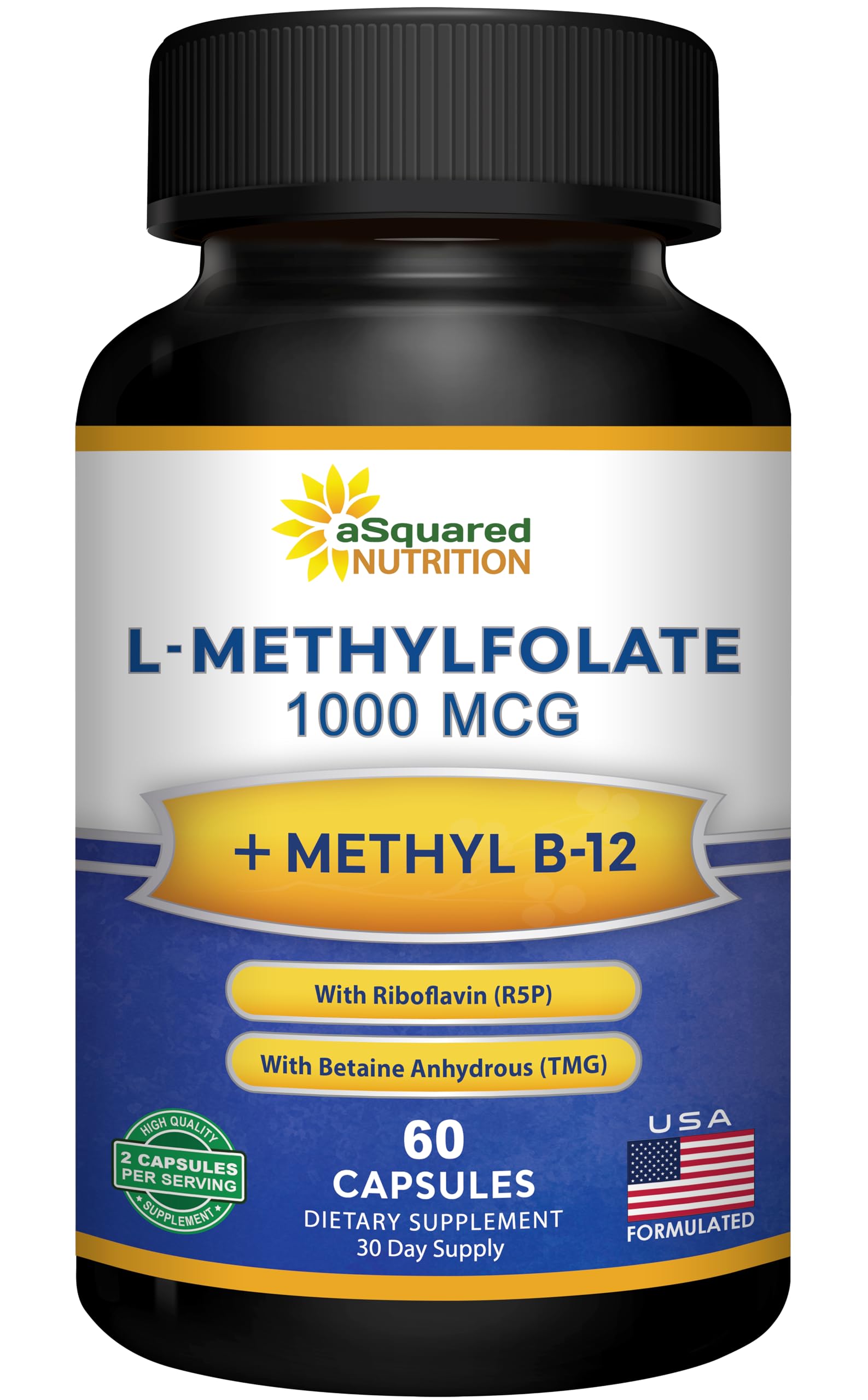 aSquared Nutrition L‑Méthylfolate Plus B12 – flacon, soutien potentiel du métabolisme et énergie.
