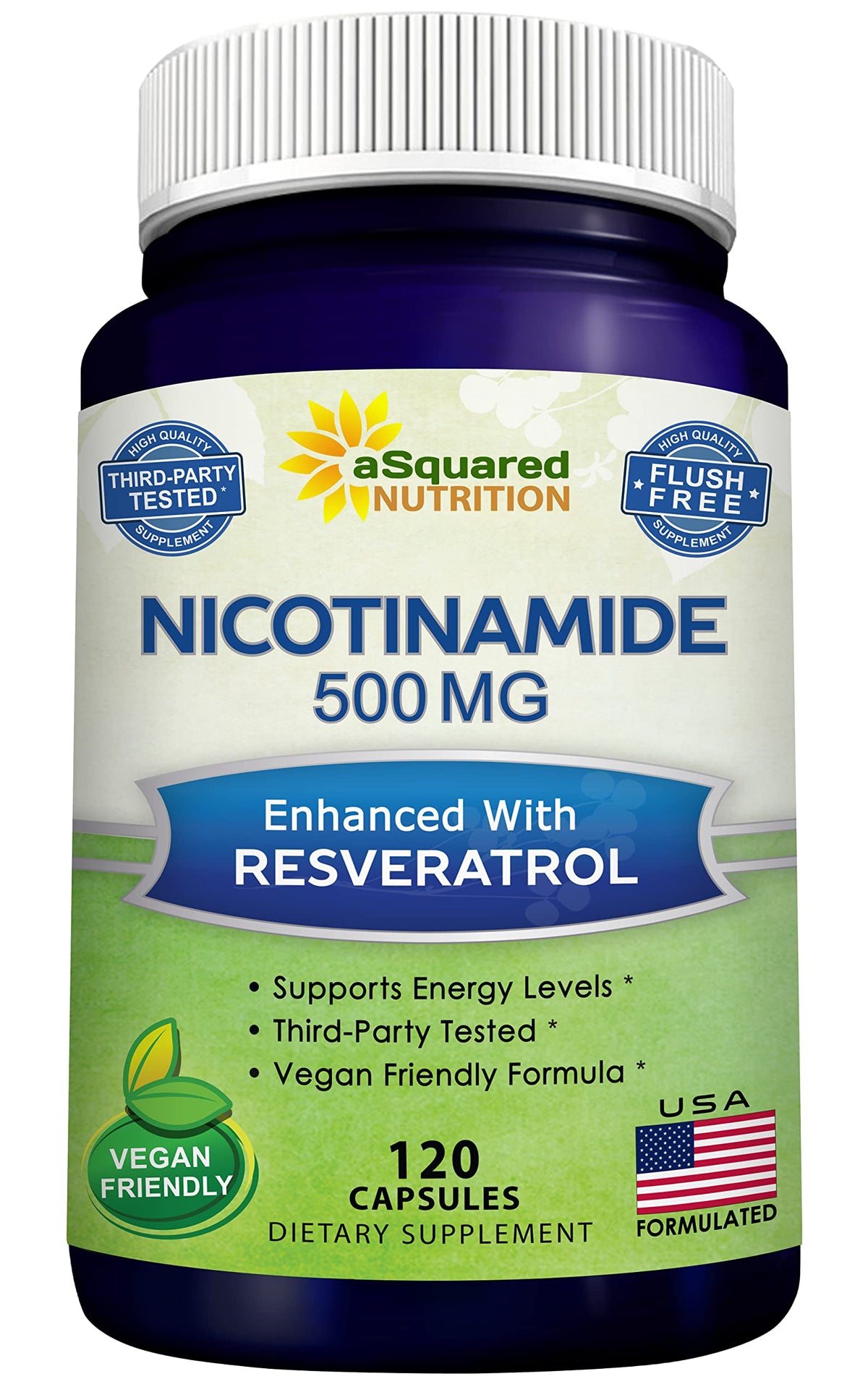 bouteille aSquared Nutrition Nicotinamide avec Resveratrol montrant étiquette et potentiel effet énergie
